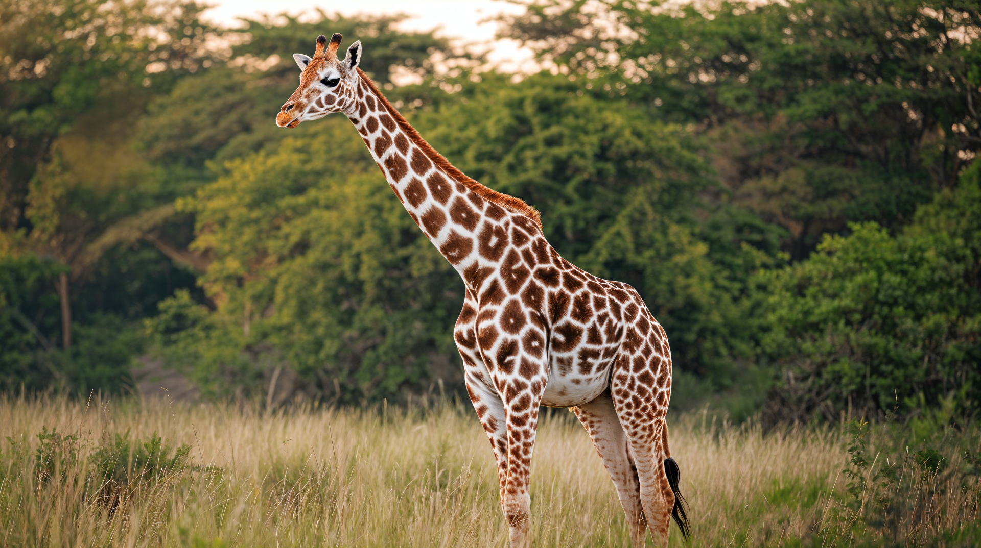 A giraffe stands in the savanna surrounded by lush greenery, captured in stunning 4K Ultra HD as a wildlife nature scene for a PC desktop wallpaper background.
