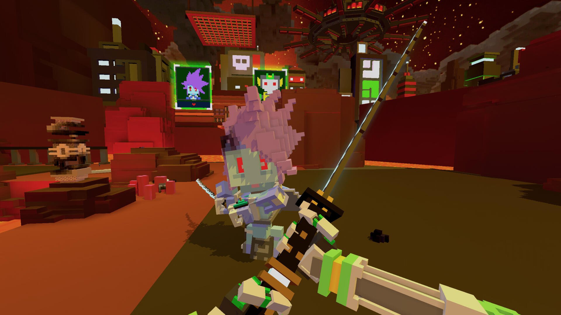 A vibrant HD wallpaper from the video game Clone Drone in the Hyperdome, showcasing a character with pink hair wielding a weapon in a dynamic, colorful arena.