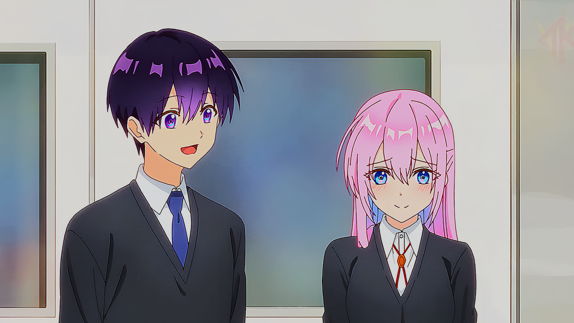 HD PC desktop wallpaper featuring Micchon Shikimori from the anime Shikimori's Not Just a Cutie, showcasing the characters in school uniforms against a classroom background.