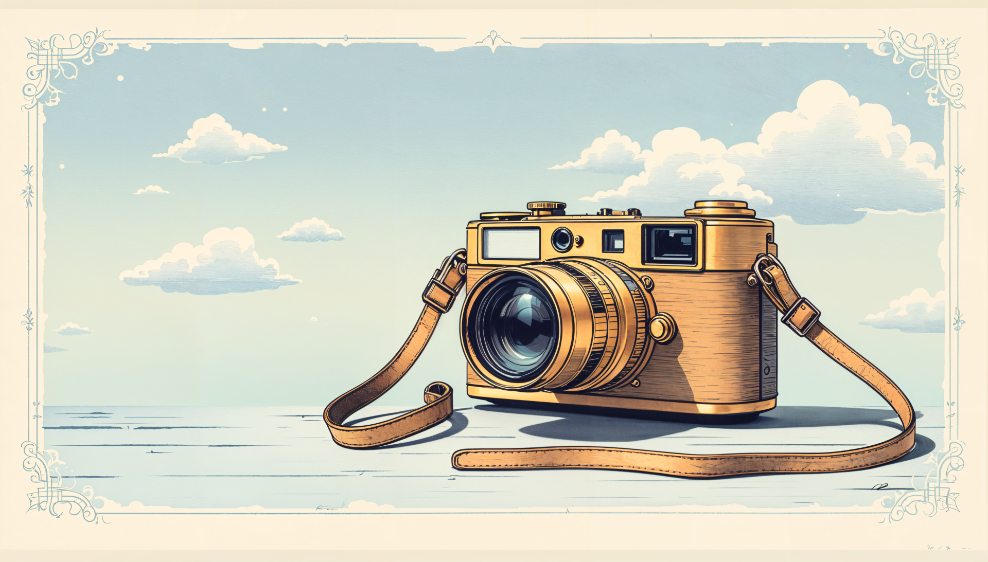 A vintage camera sits on a wooden surface under a sky filled with soft clouds, captured in a colorful 4K Ultra HD wallpaper for a PC desktop background.