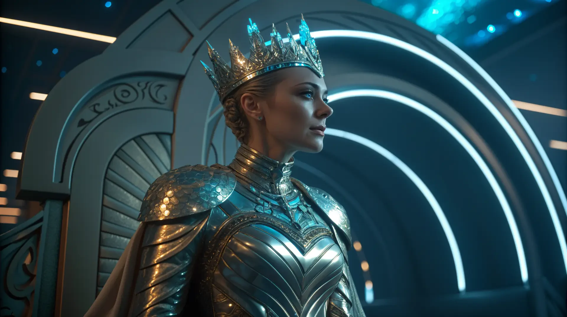 A sci-fi queen stands majestically in intricate silver armor, adorned with a shimmering crown, set against a futuristic backdrop of glowing arches and deep blue lights.