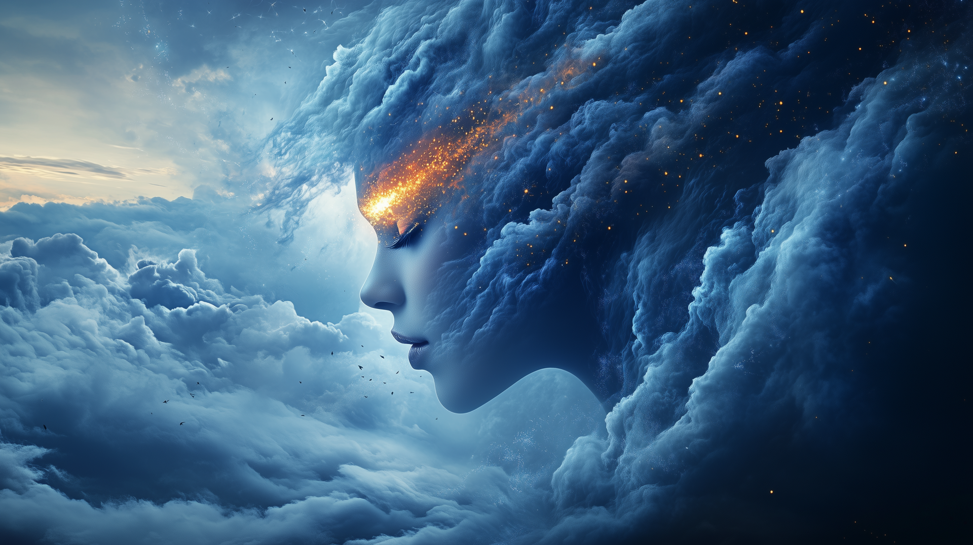 Surreal HD desktop wallpaper depicting a woman's face merging with stormy clouds, with glowing light streaming from her closed eyes.