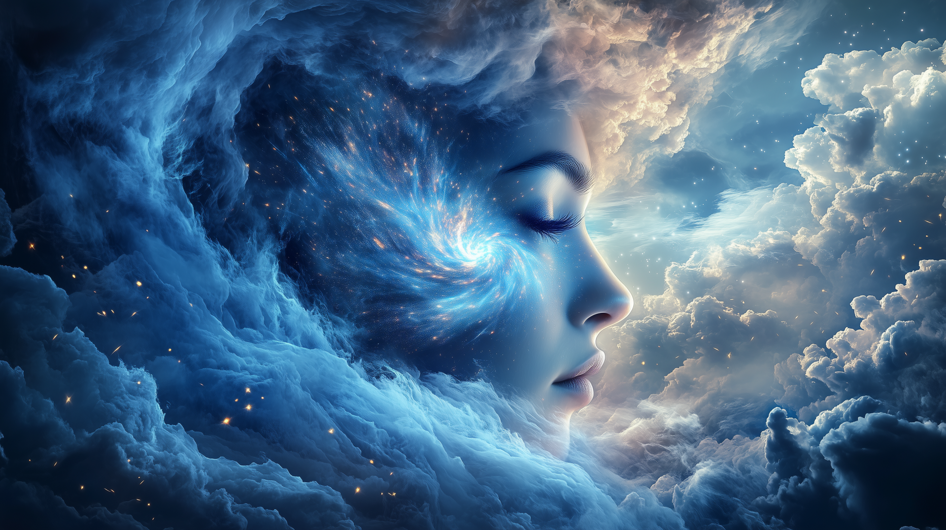 A surreal HD desktop wallpaper featuring a woman's serene portrait seamlessly blending with swirling clouds and a galaxy, creating a cosmic and dreamlike atmosphere.