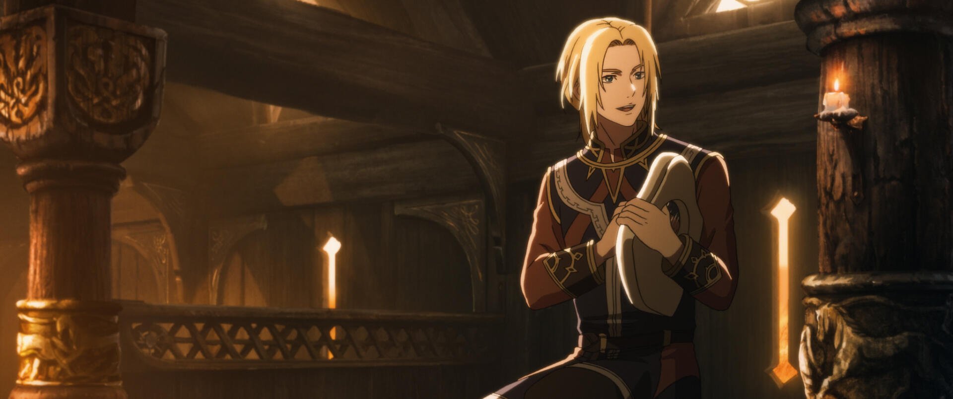 A captivating HD anime wallpaper from The Lord of the Rings: The War of the Rohirrim, featuring a character seated in a richly detailed interior, bathed in warm, atmospheric light.