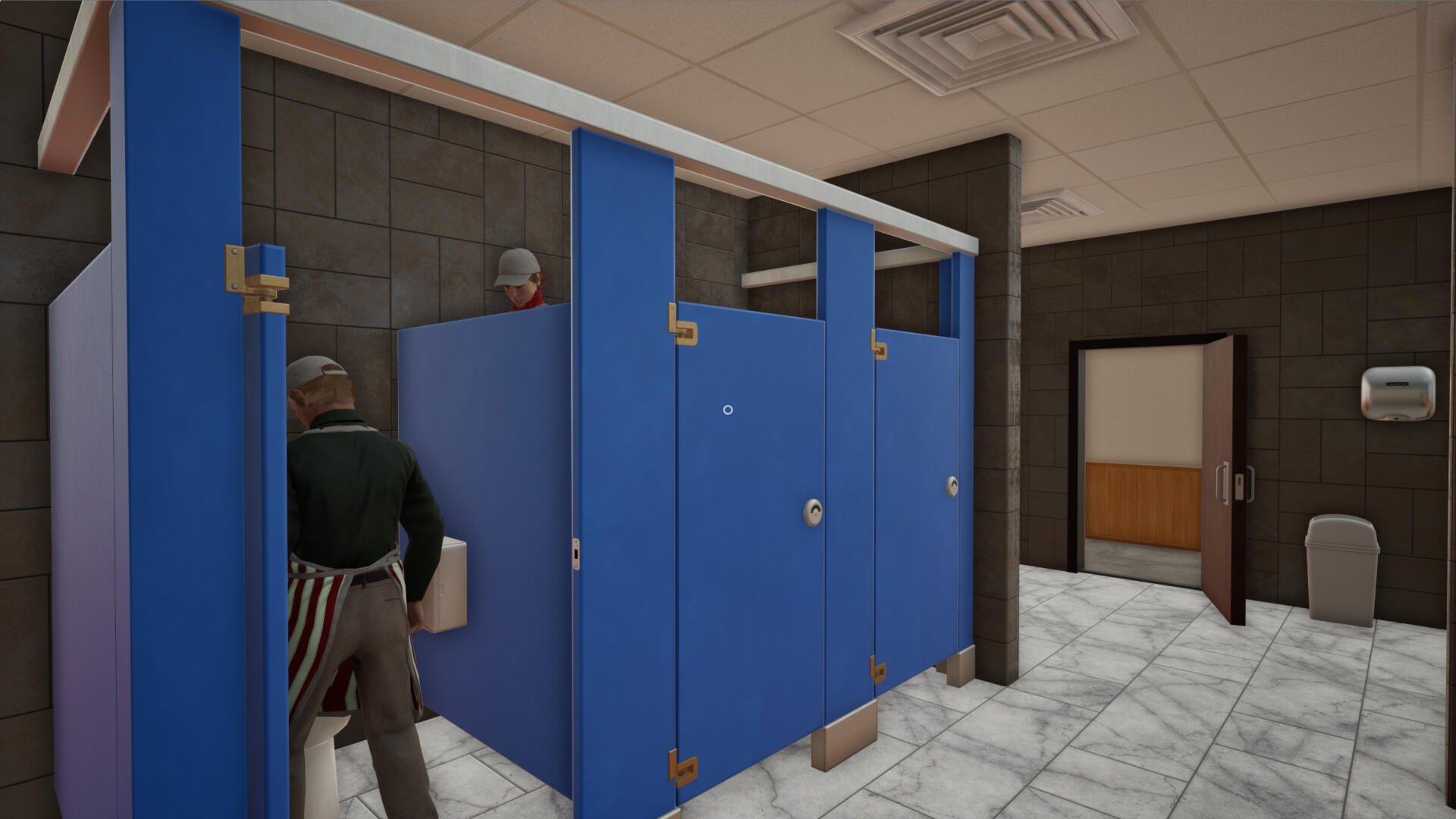 A scene from the video game Fast Food Simulator, featuring a restroom with blue stalls and characters interacting, showcased in vibrant 4K Ultra HD quality.