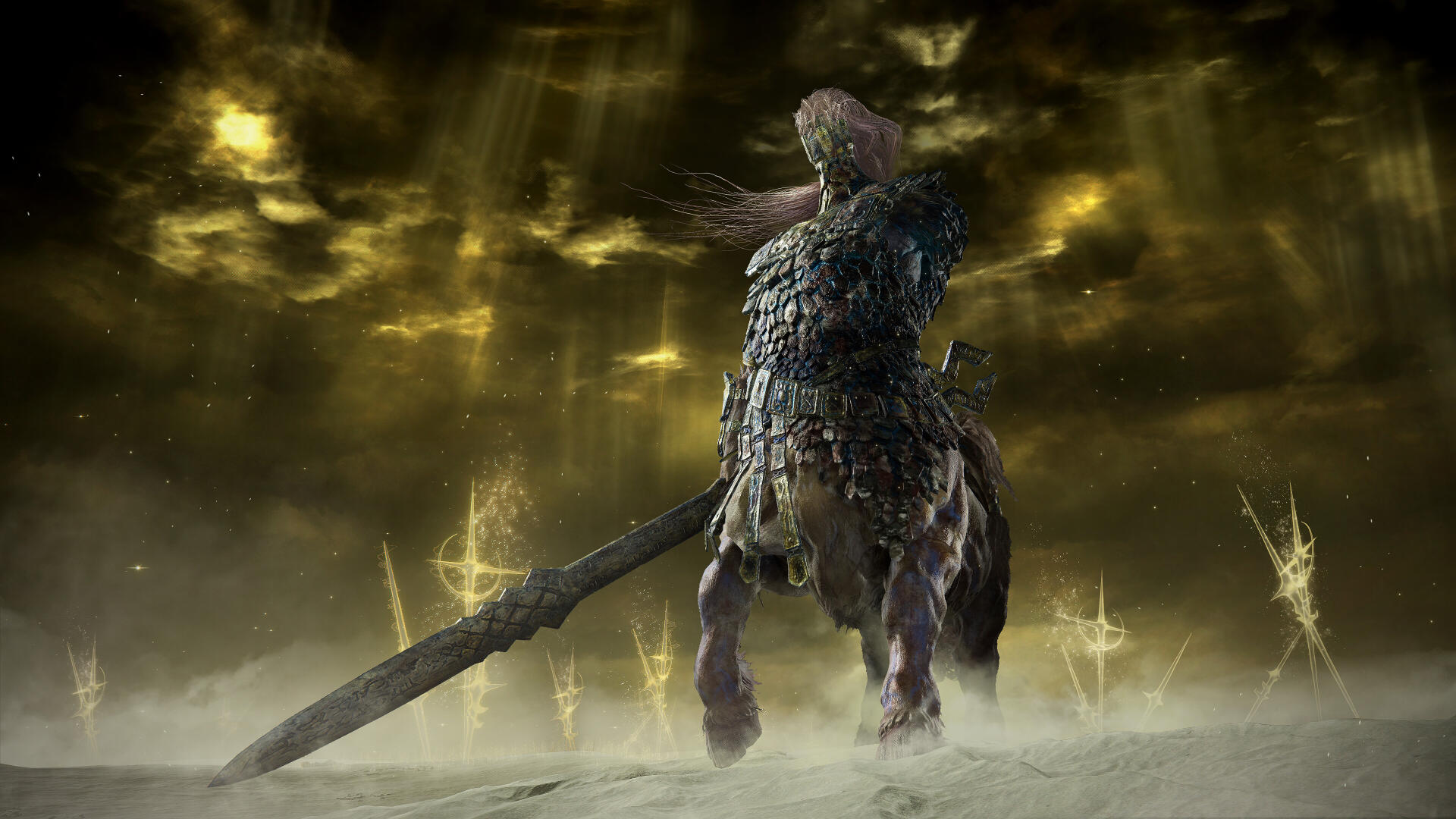 A dramatic 4K Ultra HD wallpaper from the video game Elden Ring, featuring a warrior in ornate armor standing in an ethereal landscape, clutching a large sword against a golden sky.