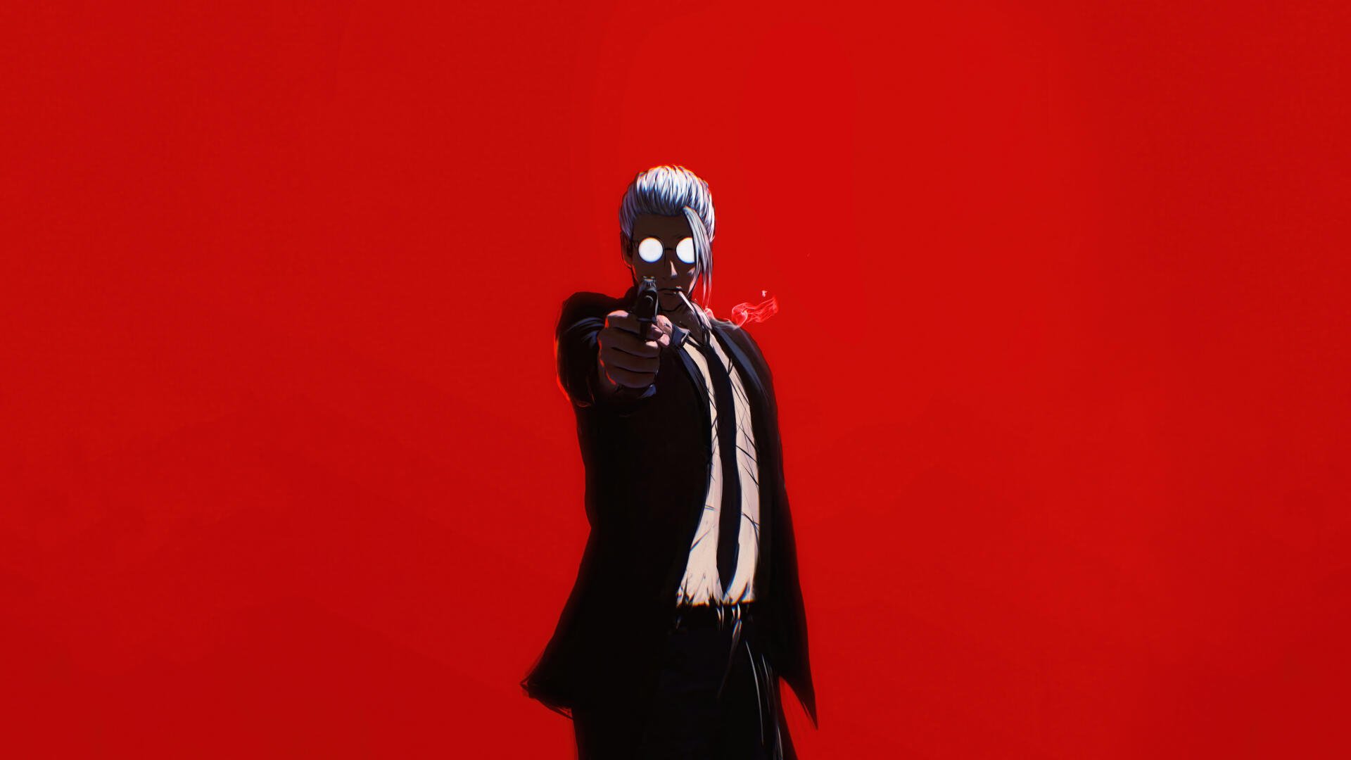 A striking 8K Ultra HD wallpaper featuring an anime character from Sakamoto Days, poised dramatically with a gun against a bold red background.