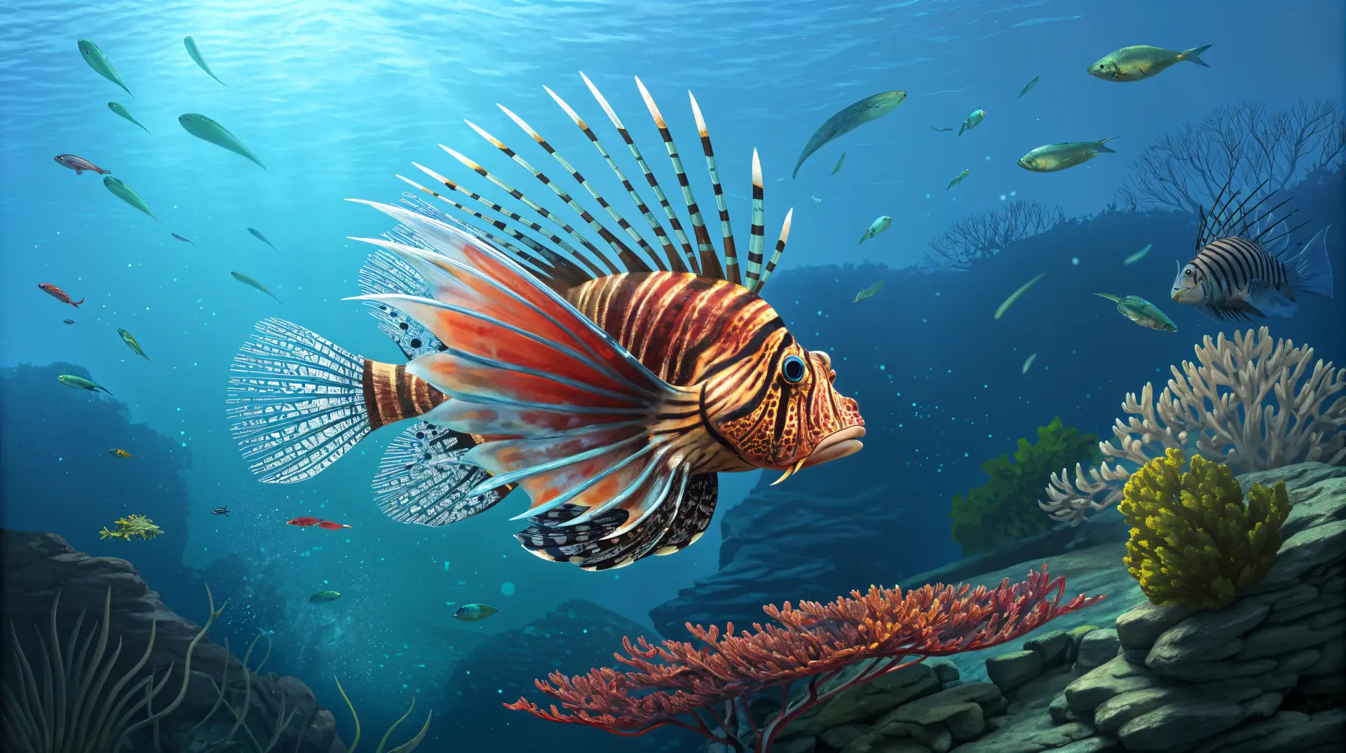 A vibrant lionfish swims near coral reef among colorful fish in a detailed underwater scene, captured in 4K Ultra HD for a stunning marine life desktop background.