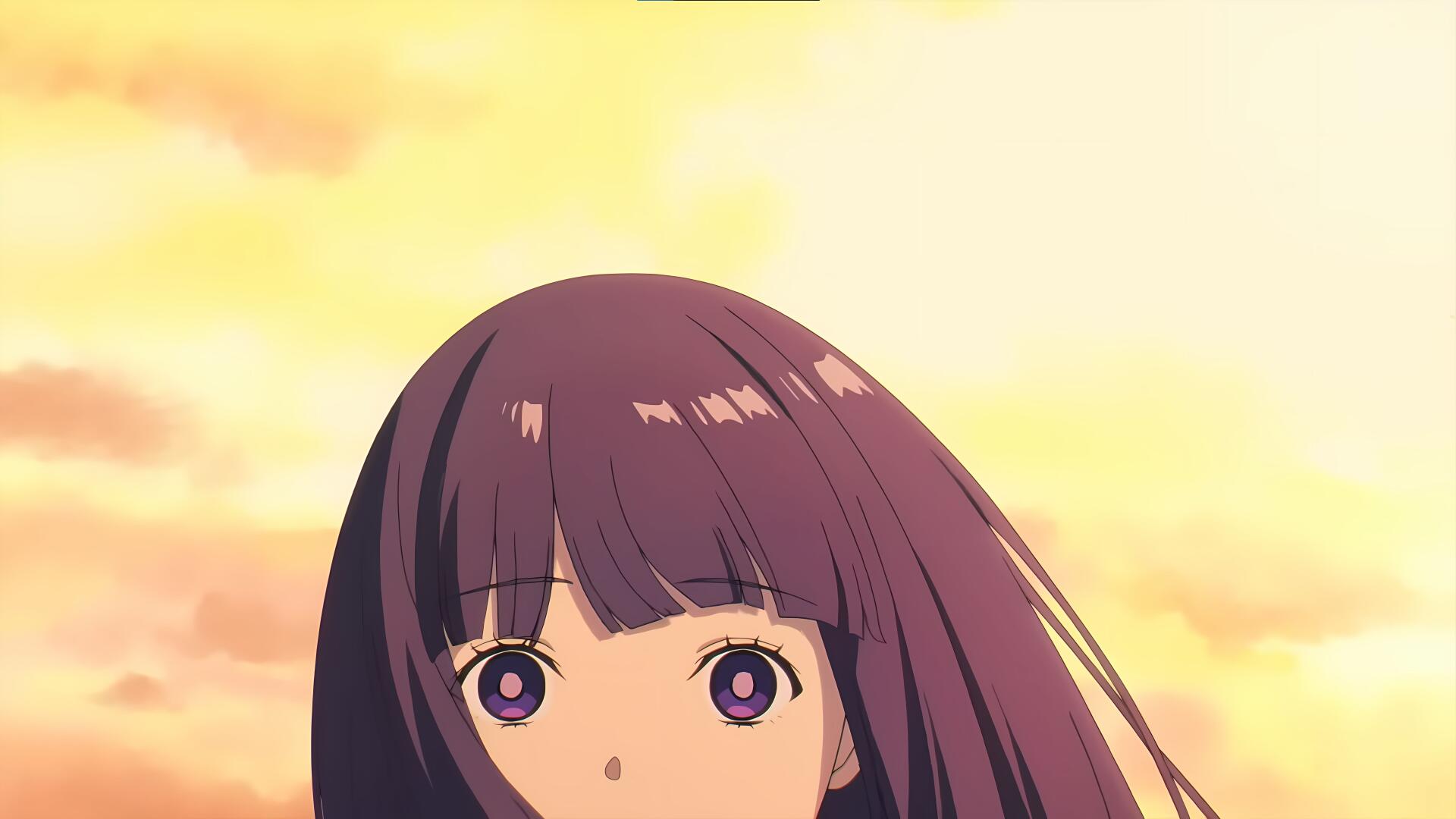 Fern (Frieren: Beyond Journey's End), anime portrait: purple hair, violet eyes, warm golden sky — 8K Ultra HD PC desktop wallpaper background.