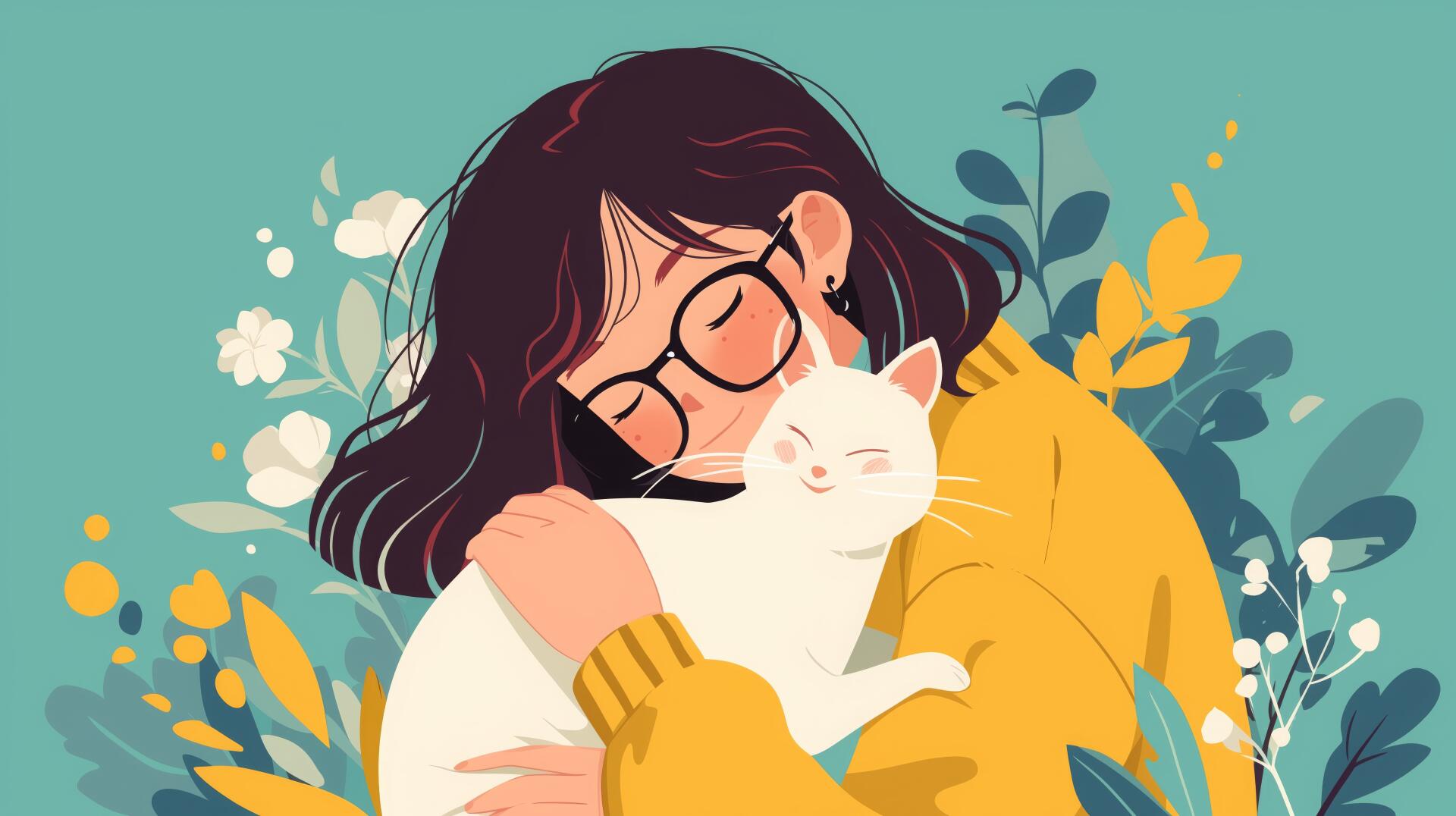 A cheerful person wearing glasses hugs a white cat amidst colorful flowers and greenery, creating a warm and joyful atmosphere. This vibrant illustration serves as a 4K Ultra HD wallpaper.