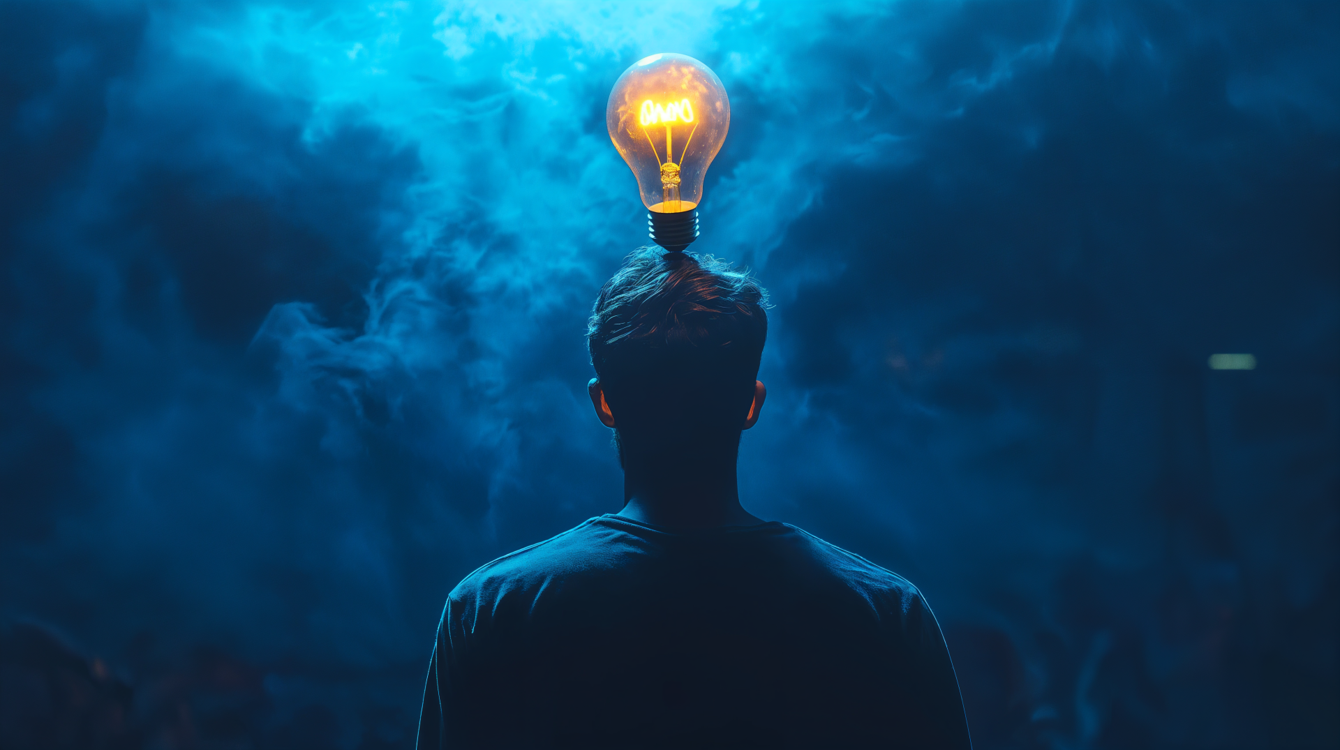 A man stands in a moody blue setting with a glowing light bulb above his head, symbolizing creativity and inspiration, captured in a 4K Ultra HD wallpaper.