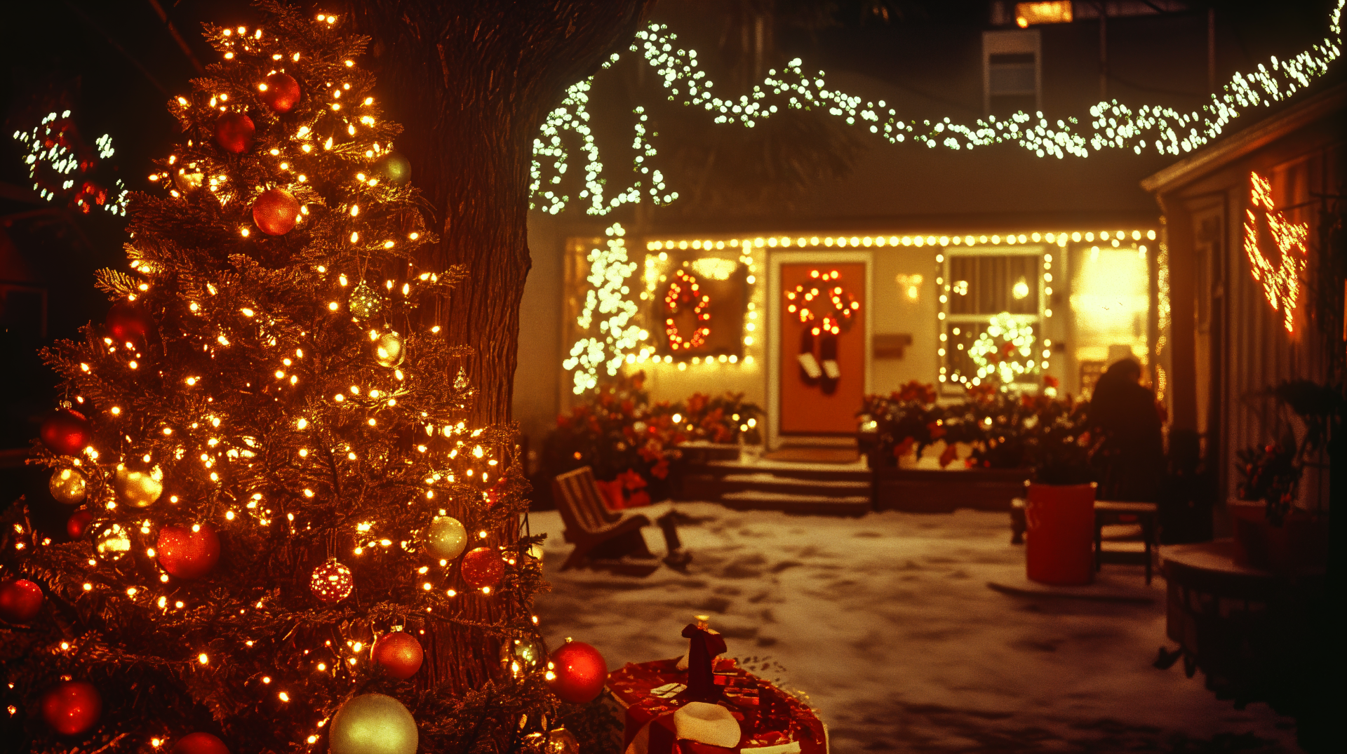 A vintage Christmas scene featuring a beautifully decorated tree with sparkling lights, surrounded by a cozy home adorned with festive decorations and a snowy landscape. 4K Ultra HD wallpaper.