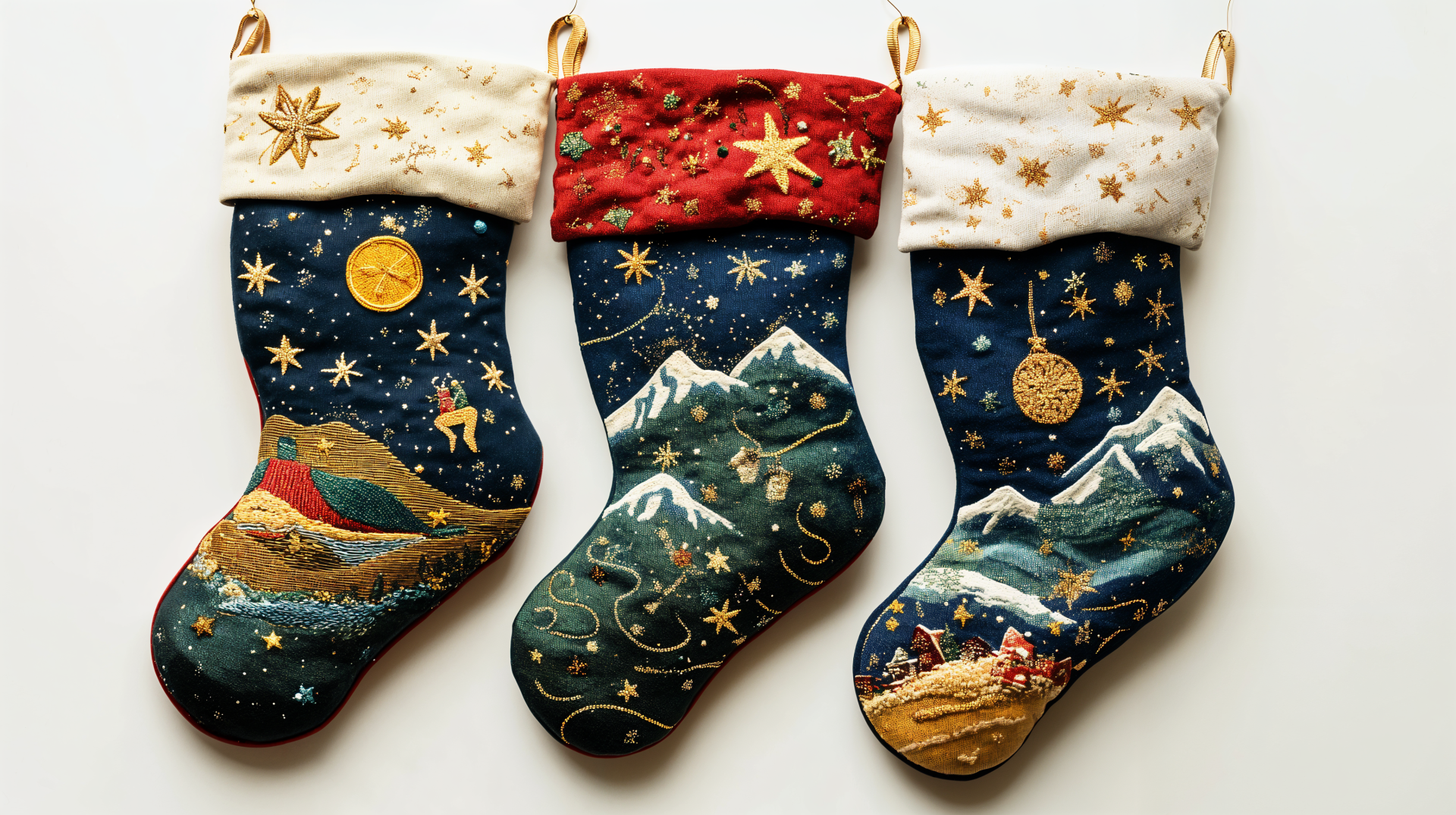 A vibrant 4K Ultra HD Christmas stocking wallpaper featuring three beautifully decorated stockings, adorned with festive stars, mountains, and holiday scenes.