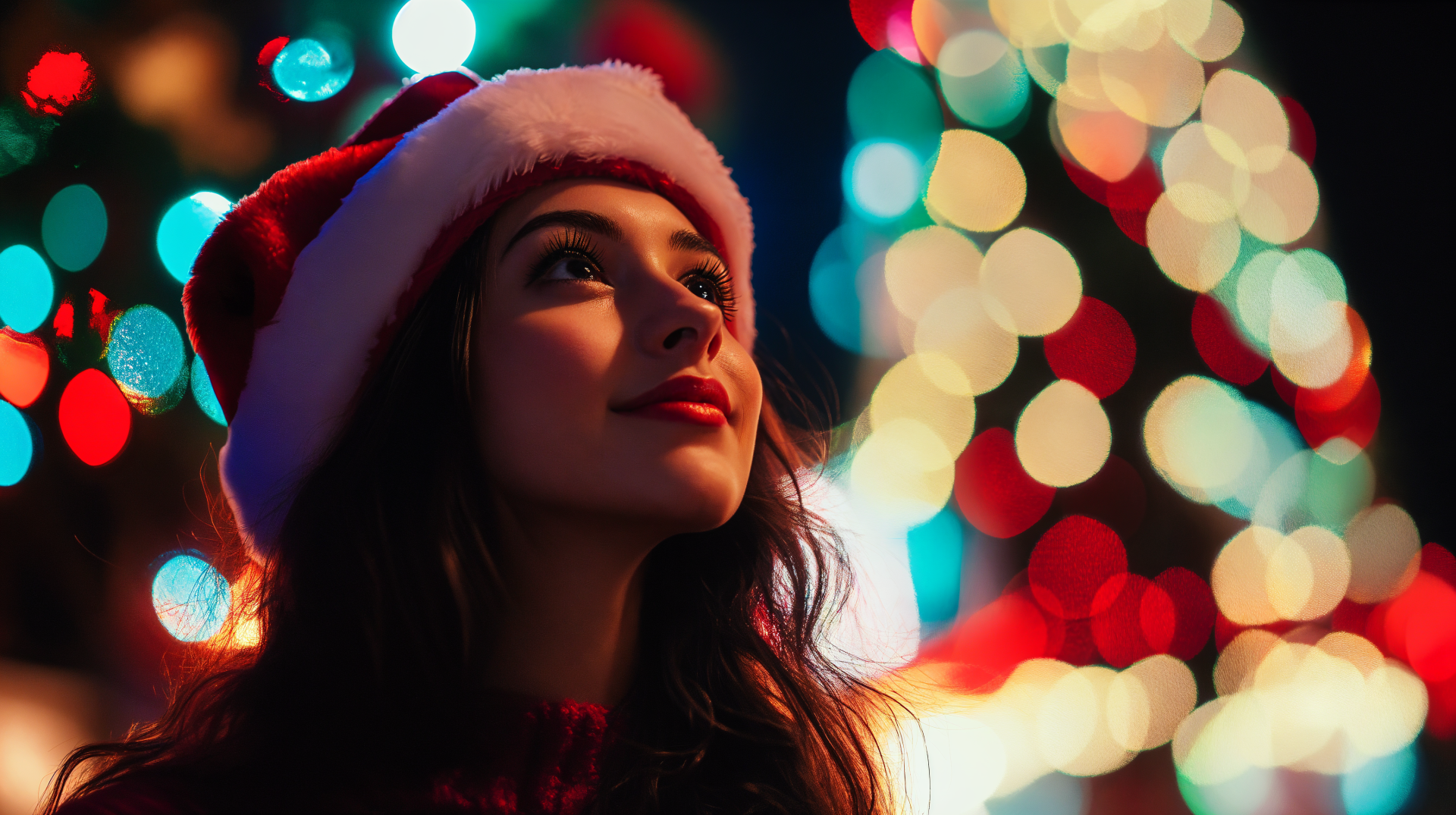 A woman wearing a festive Santa hat gazes upward, surrounded by vibrant holiday lights, embodying the spirit of holiday cheer in this 4K Ultra HD desktop wallpaper.
