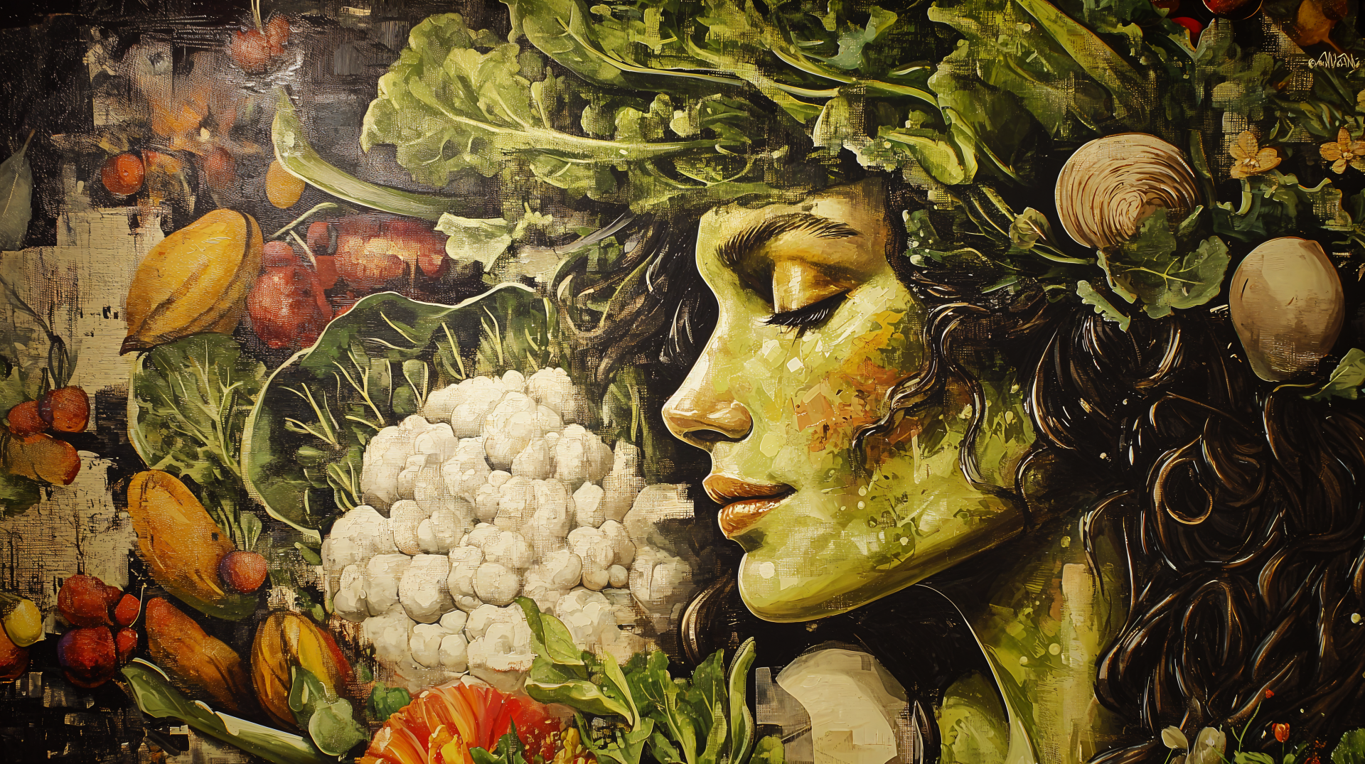A vibrant, 4K Ultra HD artwork depicting a serene woman adorned with leafy greens and vegetables, celebrating vegetarian themes and nature's bounty.