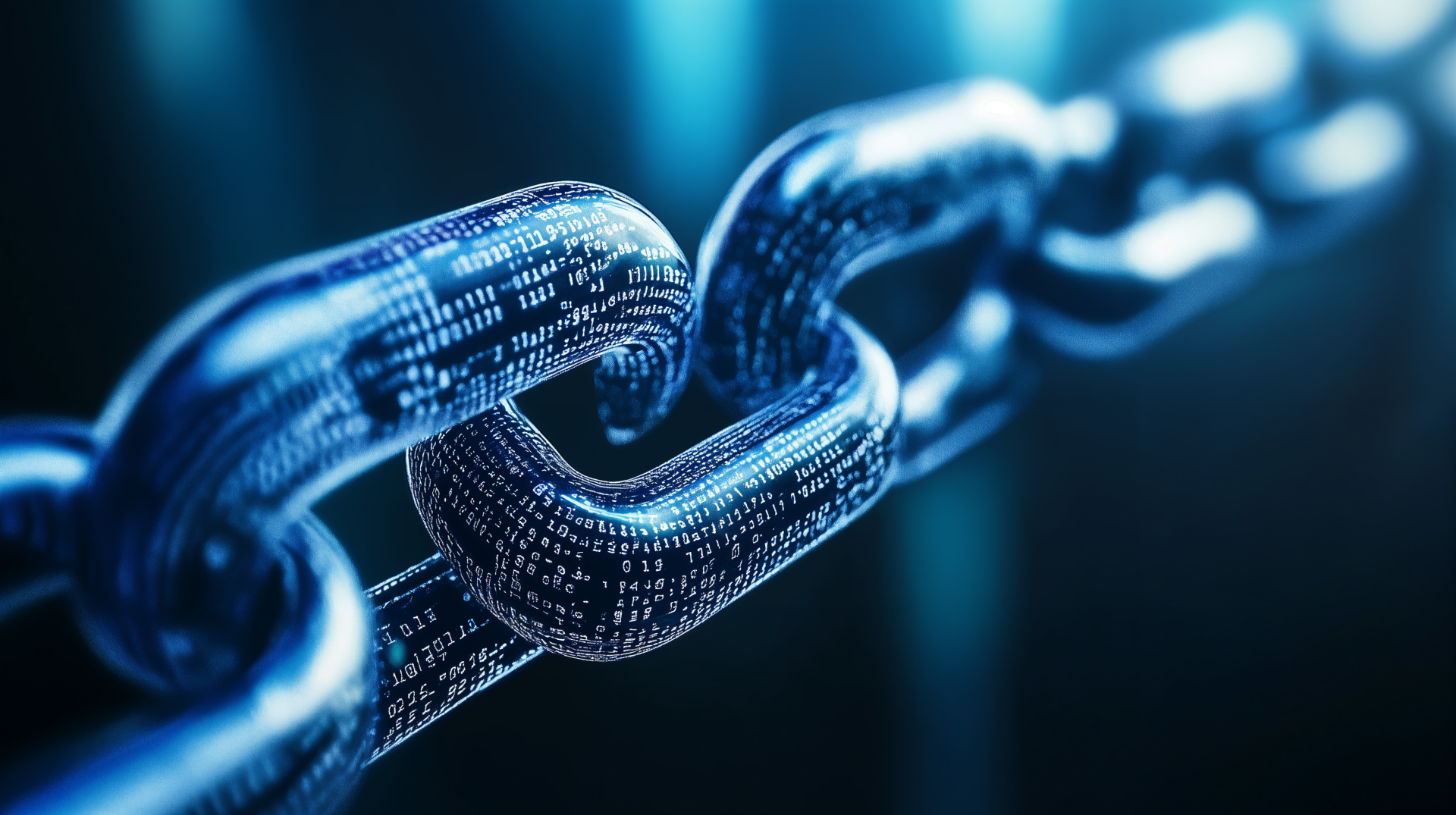 A close-up of a digital chain symbolizing blockchain technology, designed as a 4K Ultra HD wallpaper for desktop backgrounds.