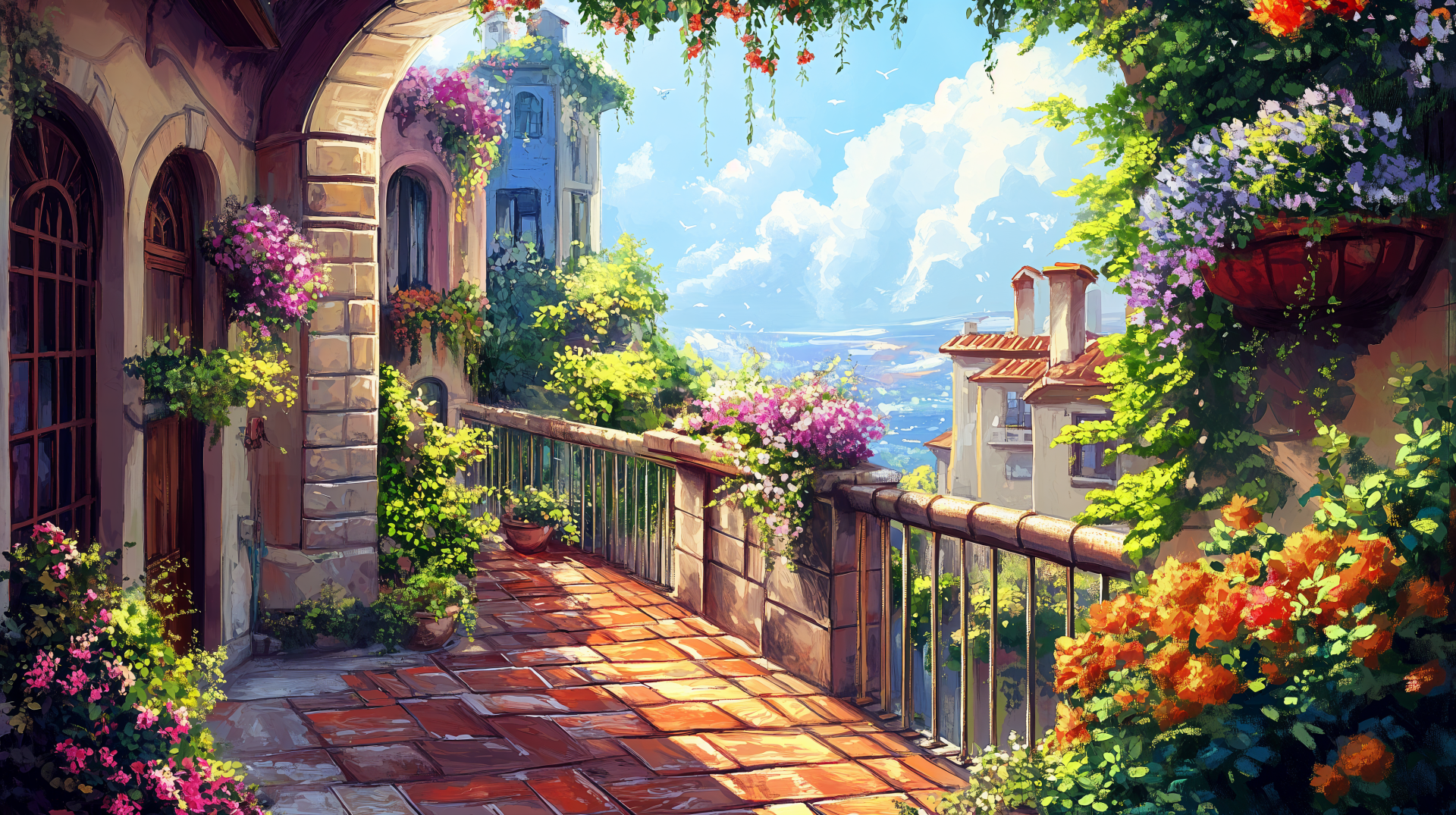 A vibrant balcony garden adorned with colorful flowers and lush greenery, bathed in sunlight, creating a serene atmosphere. This 4K Ultra HD wallpaper captures a tranquil outdoor escape.