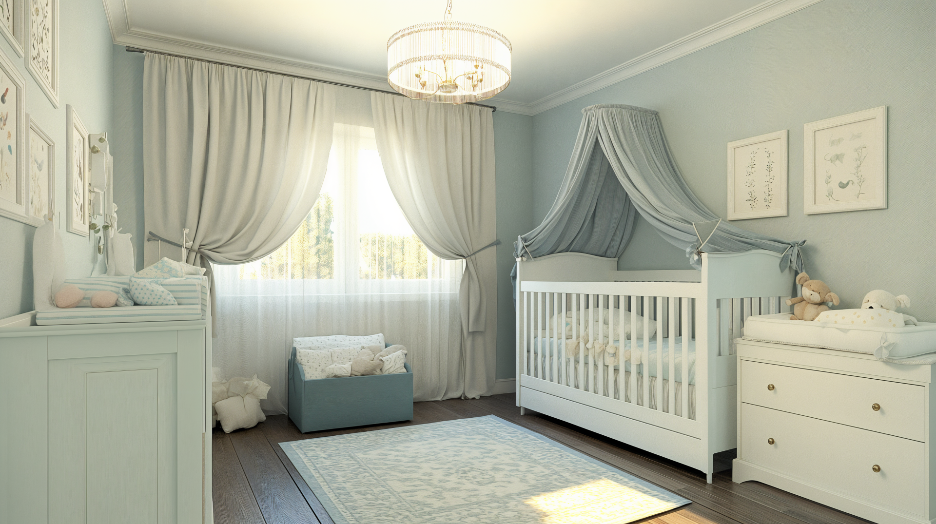 A serene nursery featuring a white crib, soft blue curtains, and gentle lighting, beautifully captured in this 4K Ultra HD wallpaper and background.