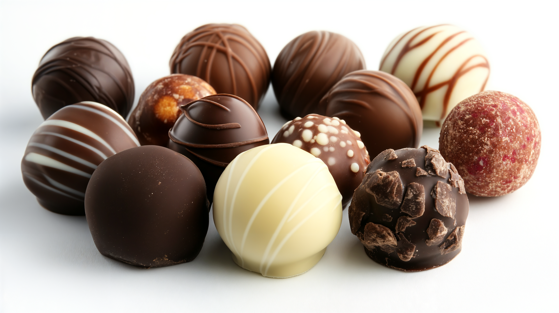 A close-up of artisanal chocolate truffles with various coatings and designs, captured in 4K Ultra HD for a rich dessert confectionery desktop wallpaper.