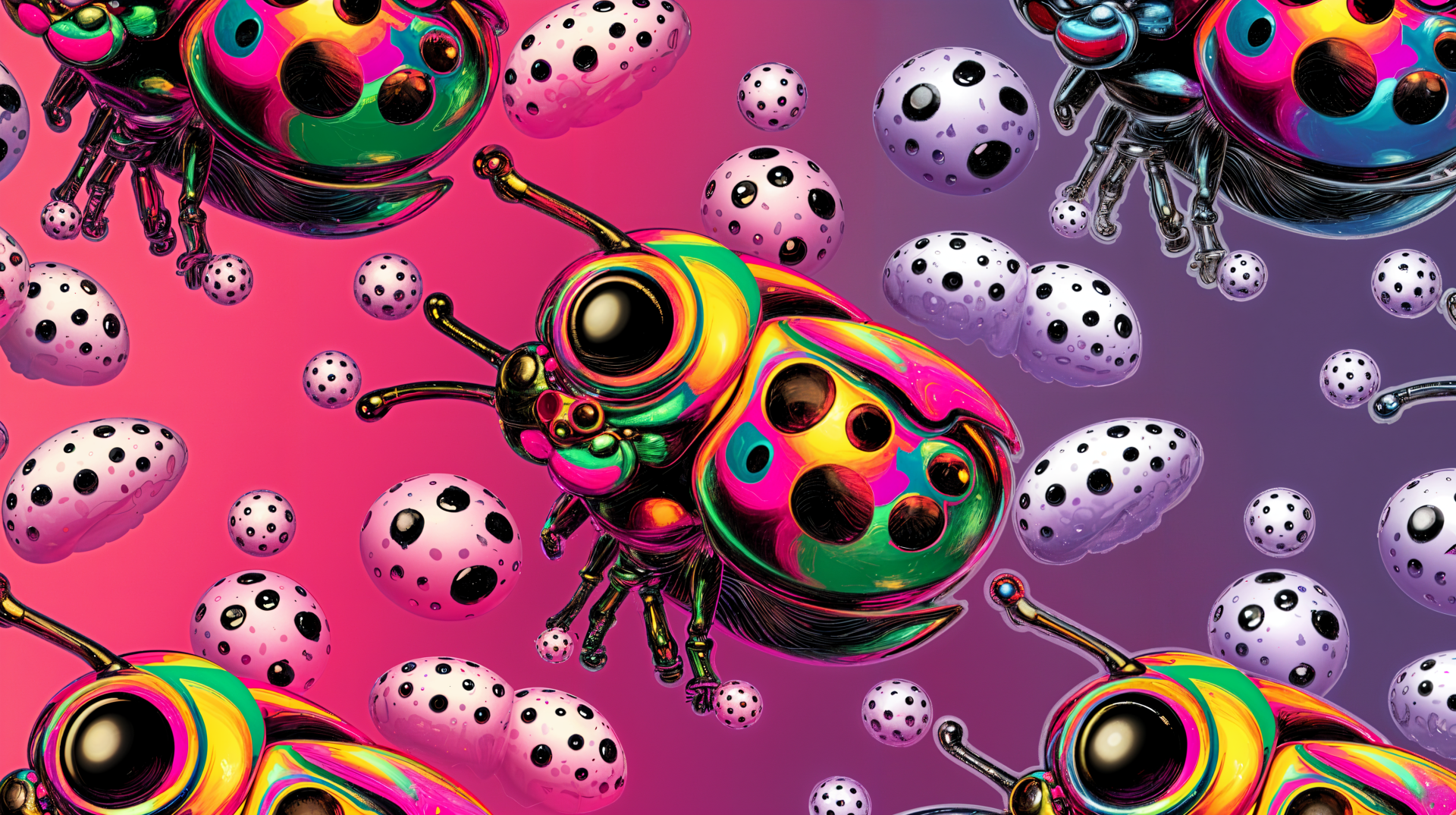 A vibrant, trippy pattern featuring colorful ladybugs and dotted eggs against a gradient background, designed as a 4K Ultra HD PC desktop wallpaper.