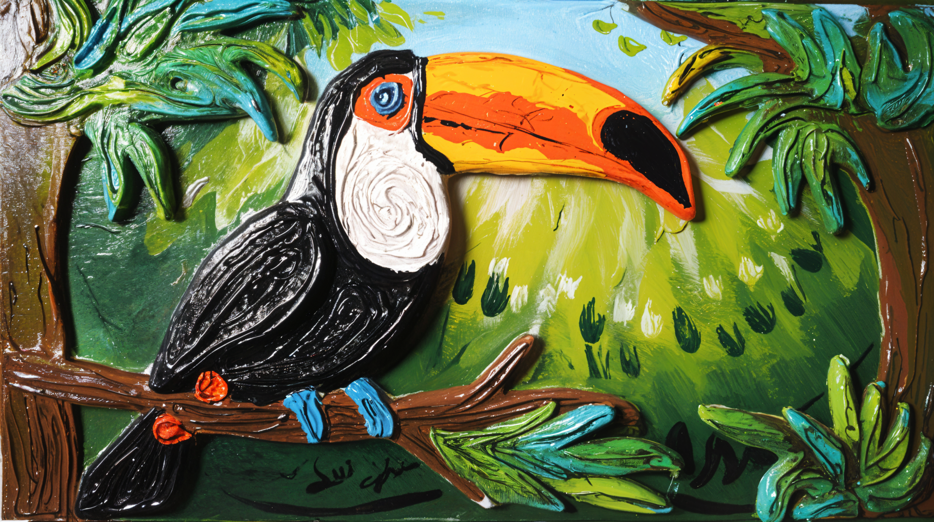 A vibrant toucan perched on a branch amidst lush greenery, depicted in a colorful, textured style. This image serves as a stunning 4K Ultra HD desktop wallpaper.