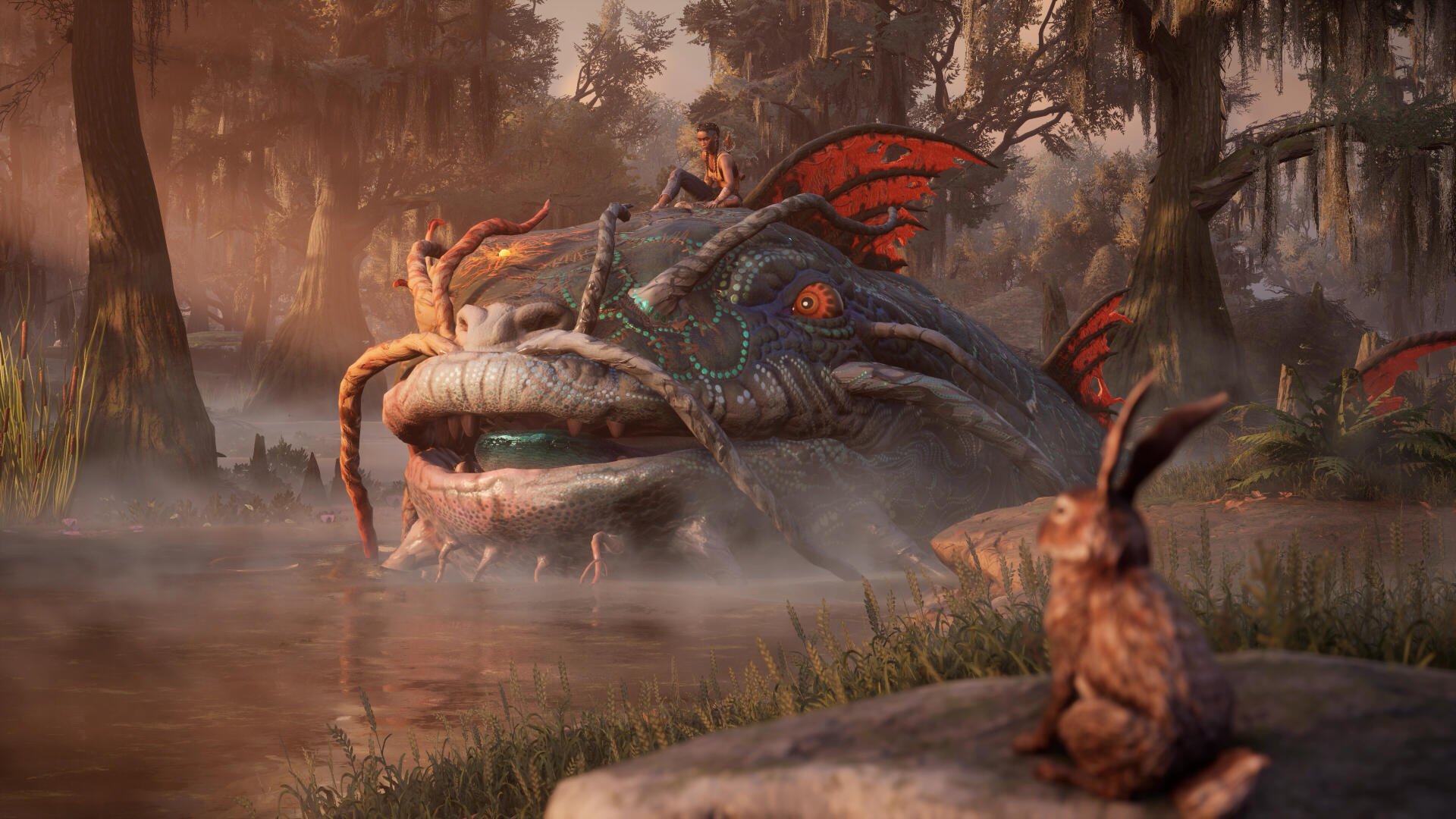 A stunning 4K Ultra HD wallpaper from the video game South of Midnight, featuring a whimsical creature with vibrant red fins and a serene landscape shrouded in mist.