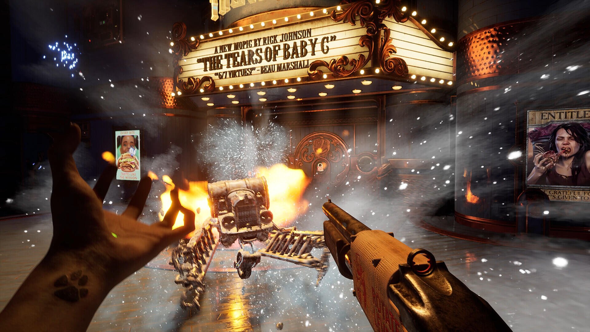 A dynamic scene from the video game Judas (2025) showcasing intense action with a character aiming a weapon at a fiery robot against a cinematic backdrop. HD desktop wallpaper.