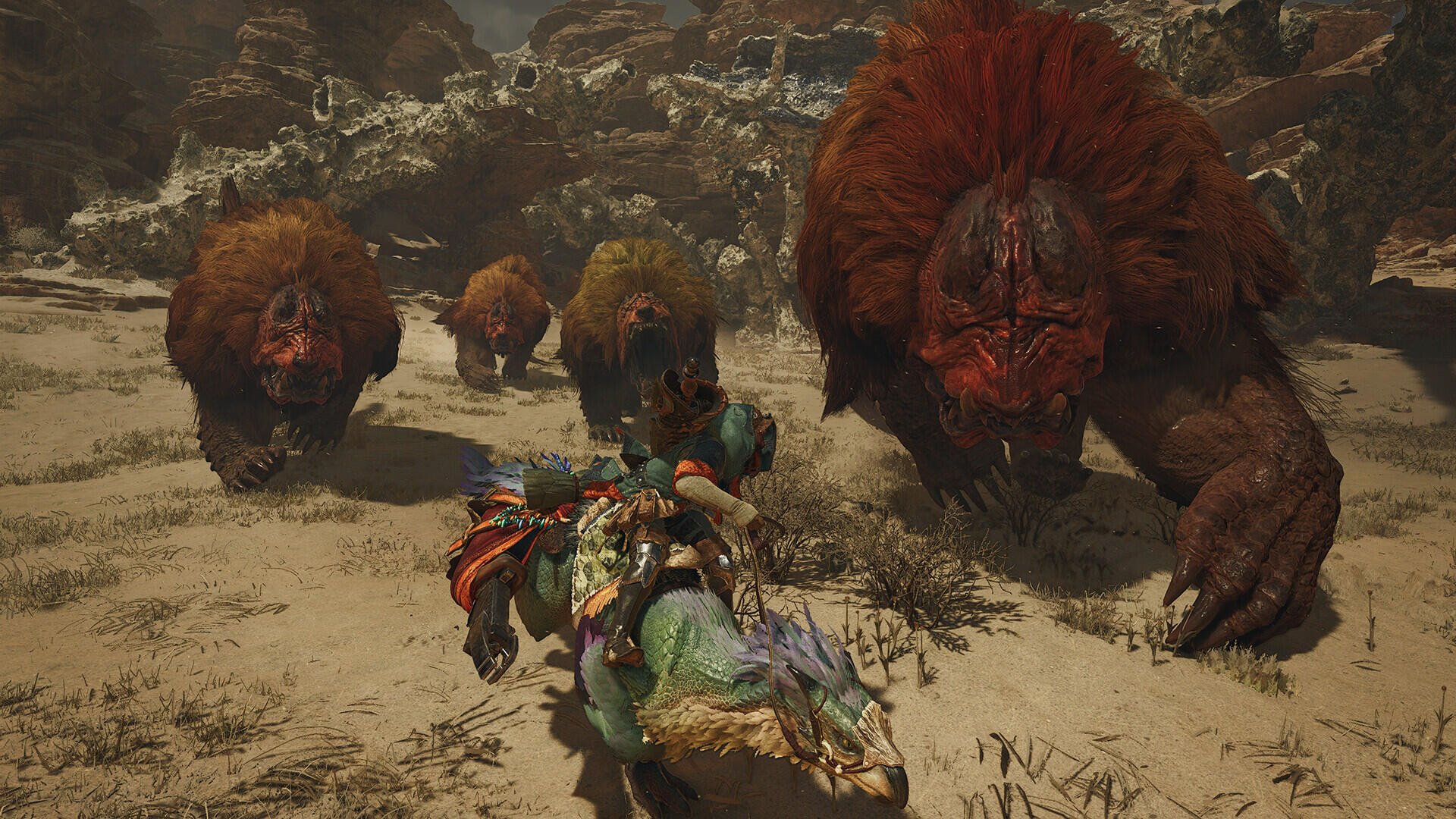 A thrilling scene from Monster Hunter Wilds, featuring a hunter on a creature as they face off against towering, fierce monsters in a rugged terrain, captured in vibrant HD detail.