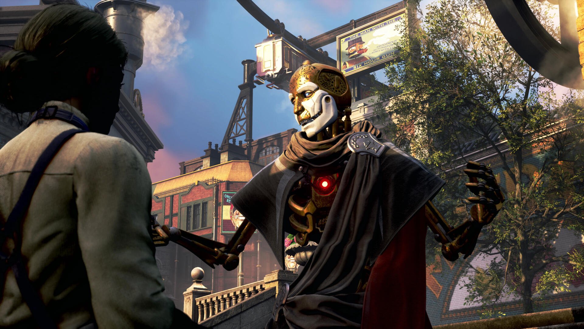 4K Ultra HD PC wallpaper from the video game Clockwork Revolution, featuring a mechanical character with a glowing red chest light in a vibrant urban setting.