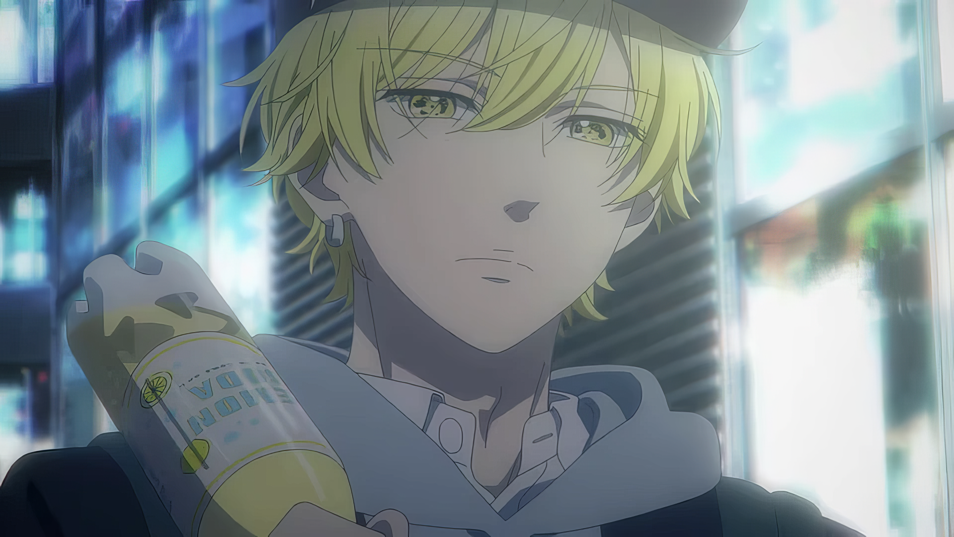 Anime-inspired HD wallpaper featuring a character with blonde hair, holding a bottle of Honey Lemon Soda, set against a blurred city background.