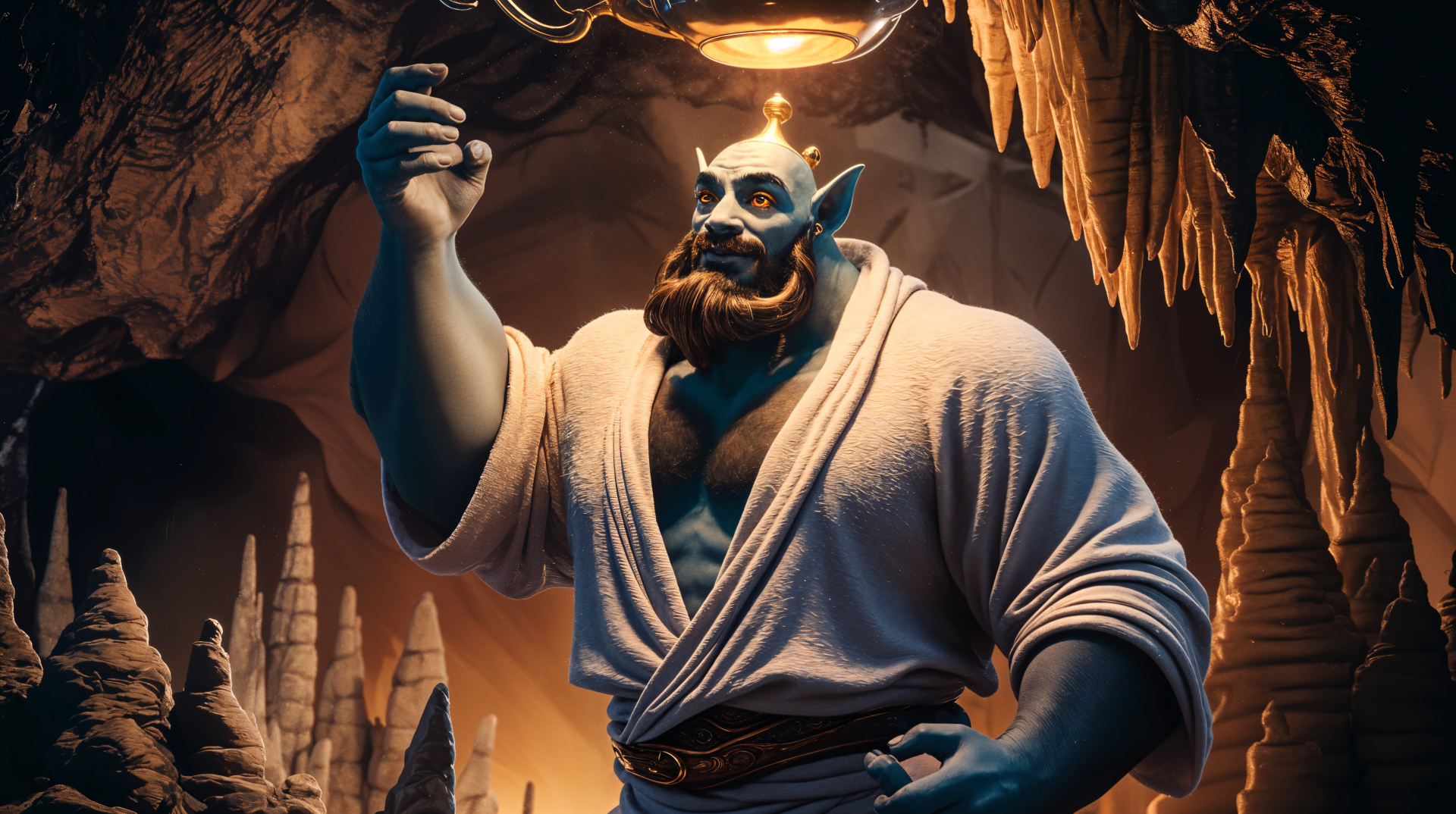 A powerful blue genie in a cave holds a glowing lamp, surrounded by rocky formations, in this stunning 4K Ultra HD desktop wallpaper.