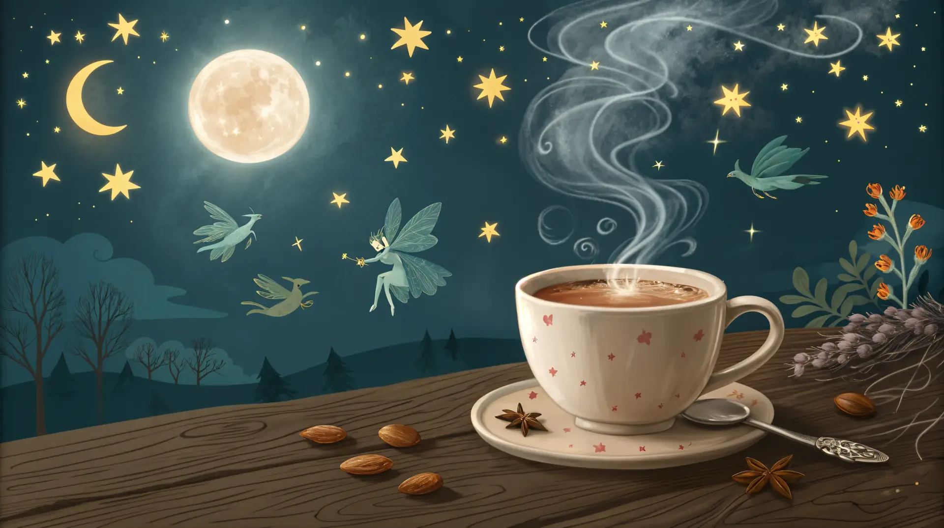A steaming cup of hot cocoa sits on a wooden table under a starry night sky, featuring fairies, a bright moon, and whimsical elements for a cozy, enchanting atmosphere.