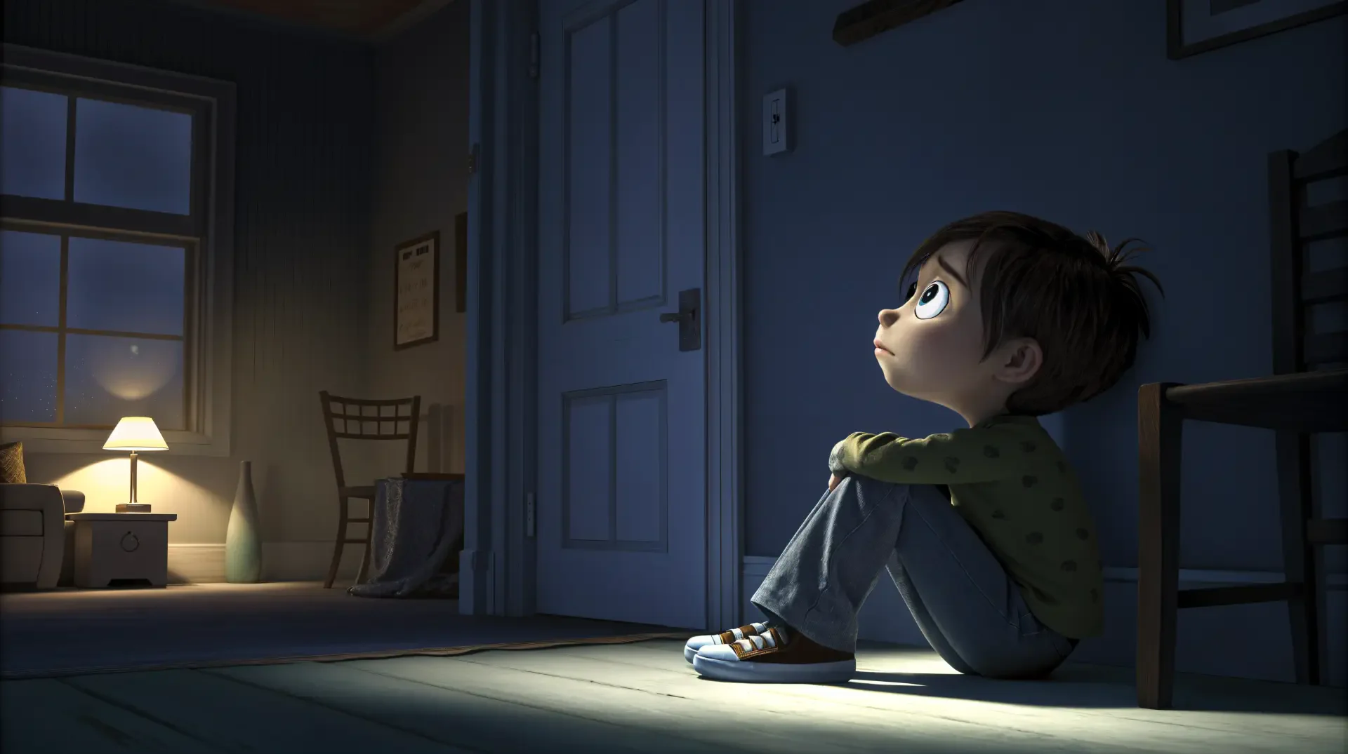 A 4K Ultra HD wallpaper depicting a child sitting on the floor in a dimly lit room, looking up with a contemplative expression, evoking a sense of emptiness and introspection.