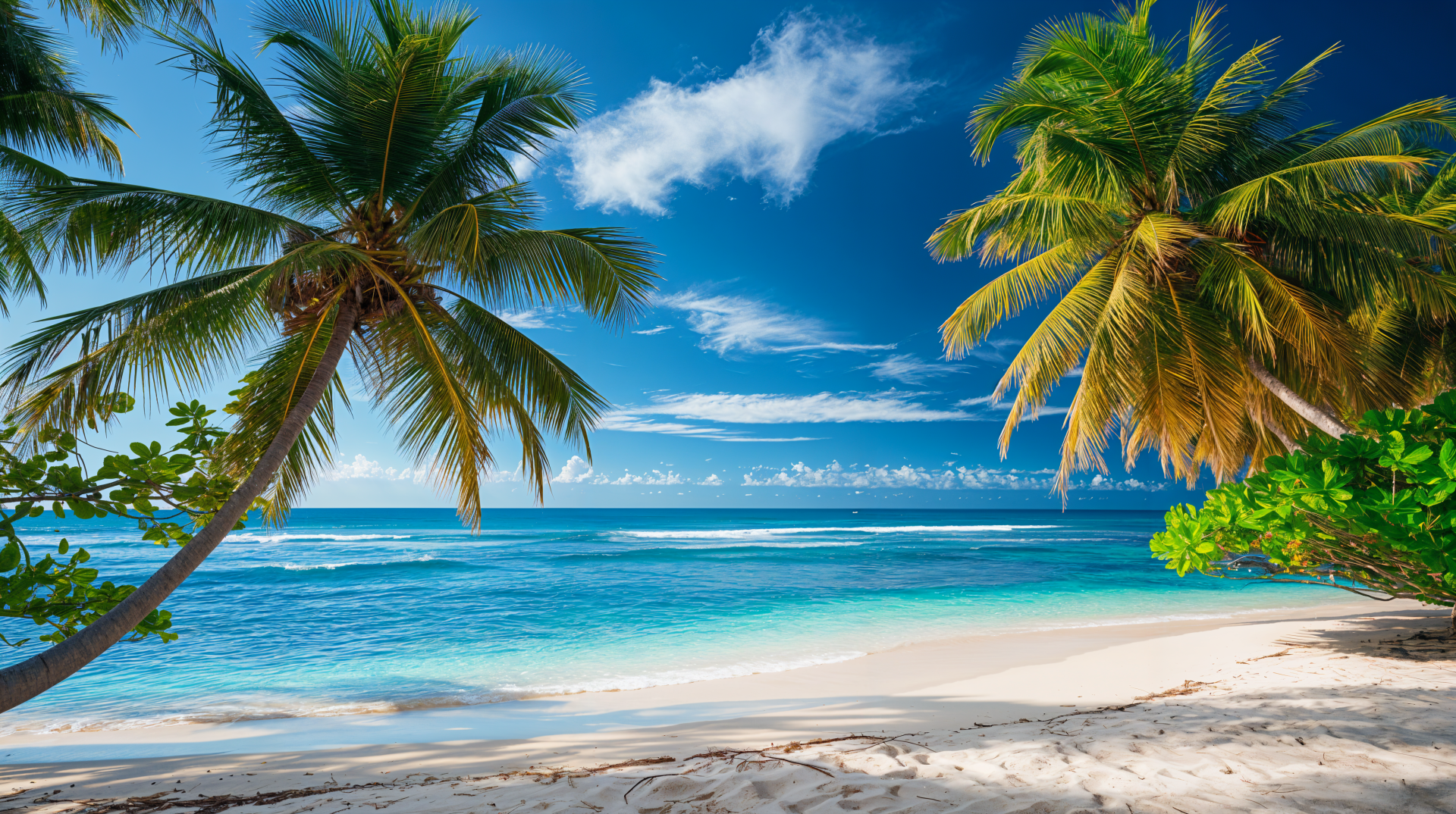 4K Ultra HD desktop wallpaper of a tropical beach with palm trees, white sand, and clear blue ocean under a vibrant sky in the tropics.