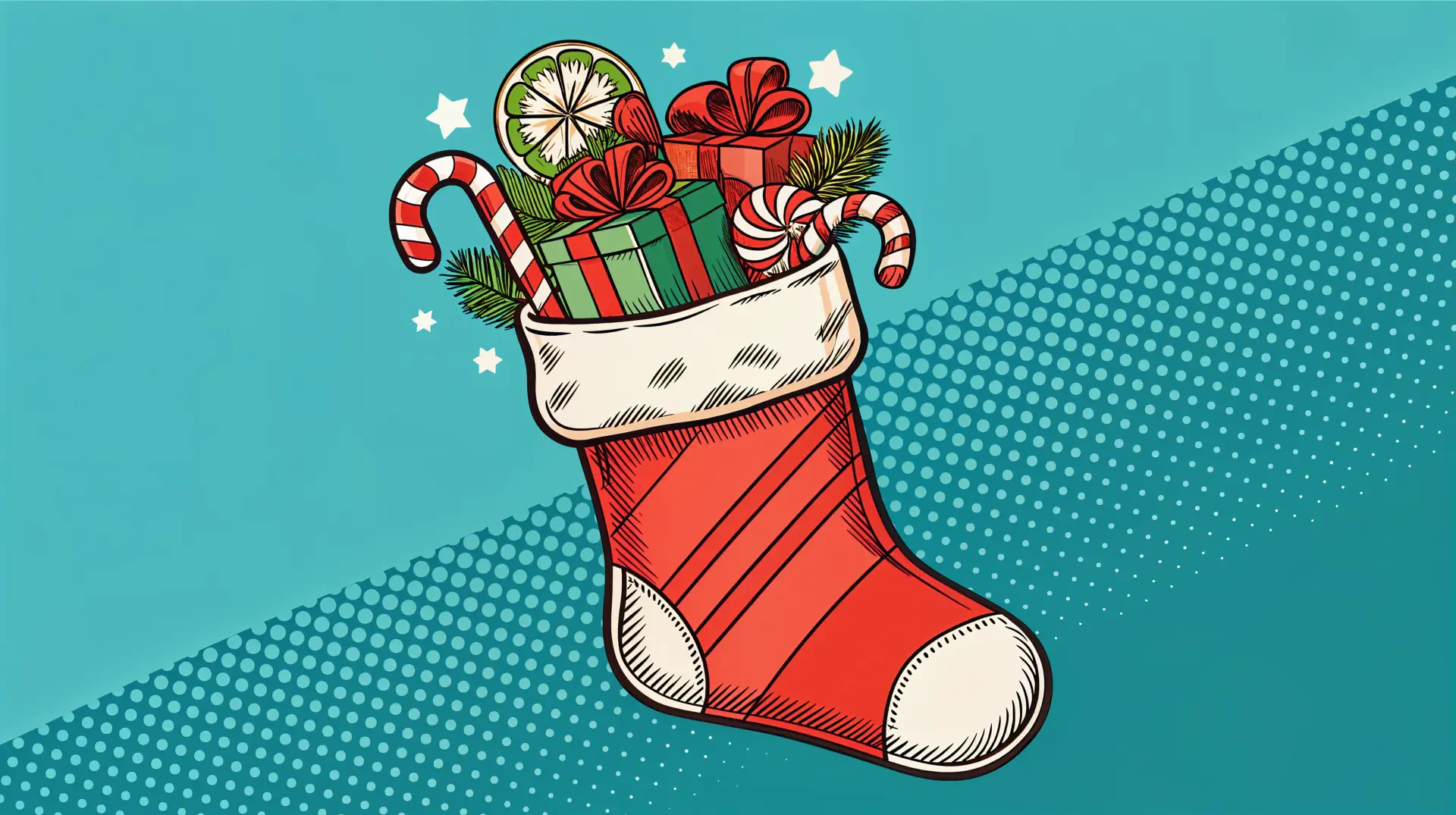 A vibrant Christmas stocking filled with colorful gifts, candy canes, and festive decorations, set against a teal background. This 4K Ultra HD image adds holiday cheer to any desktop.