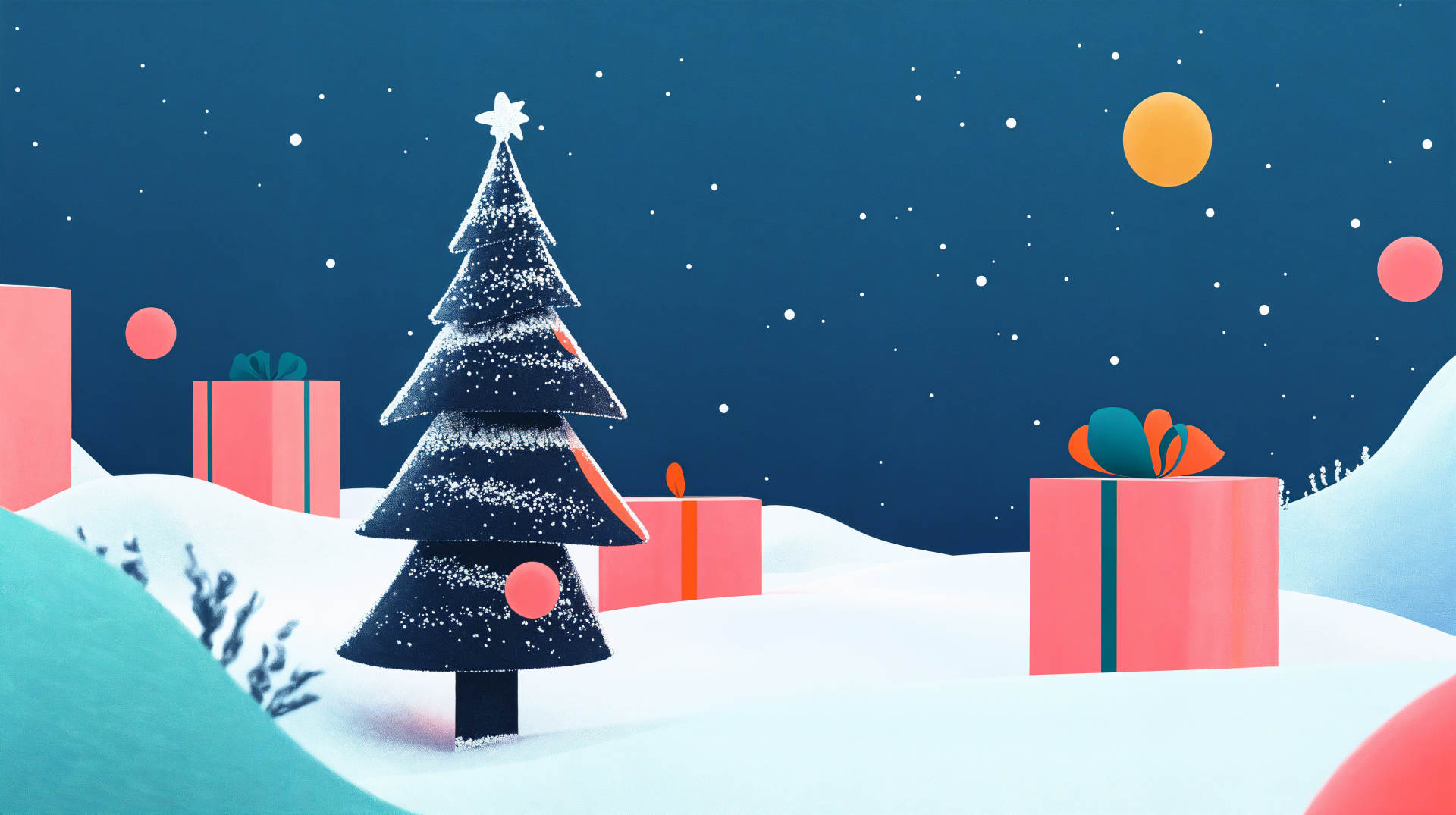 Minimalist holiday scene with a Christmas tree and gifts on snowy ground under a starry night sky, rendered as a 4K Ultra HD PC desktop wallpaper.