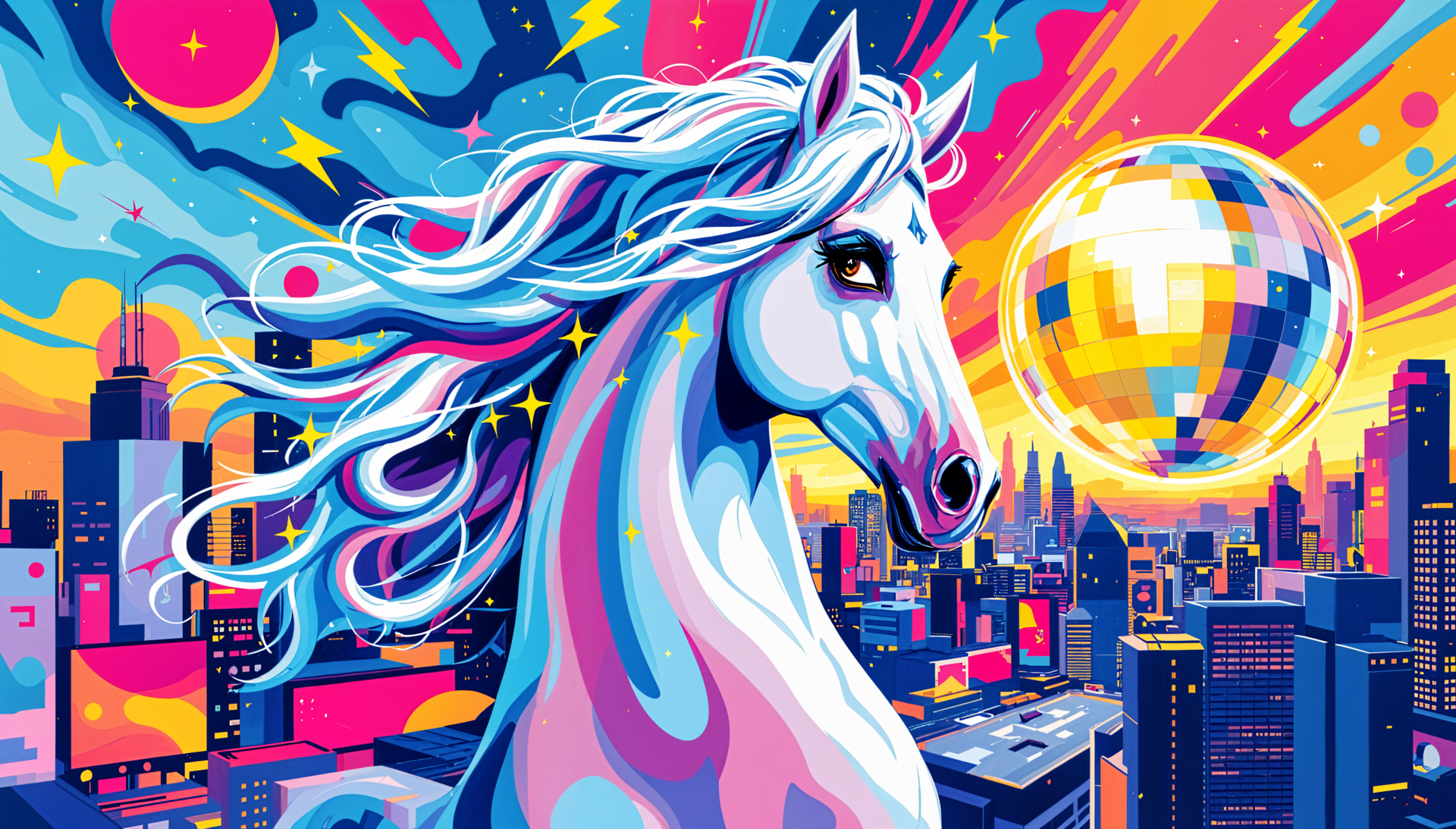 Vibrant digital art of a majestic unicorn mare against a colorful city skyline with a large disco ball, rendered in 4K Ultra HD for PC desktop wallpaper.