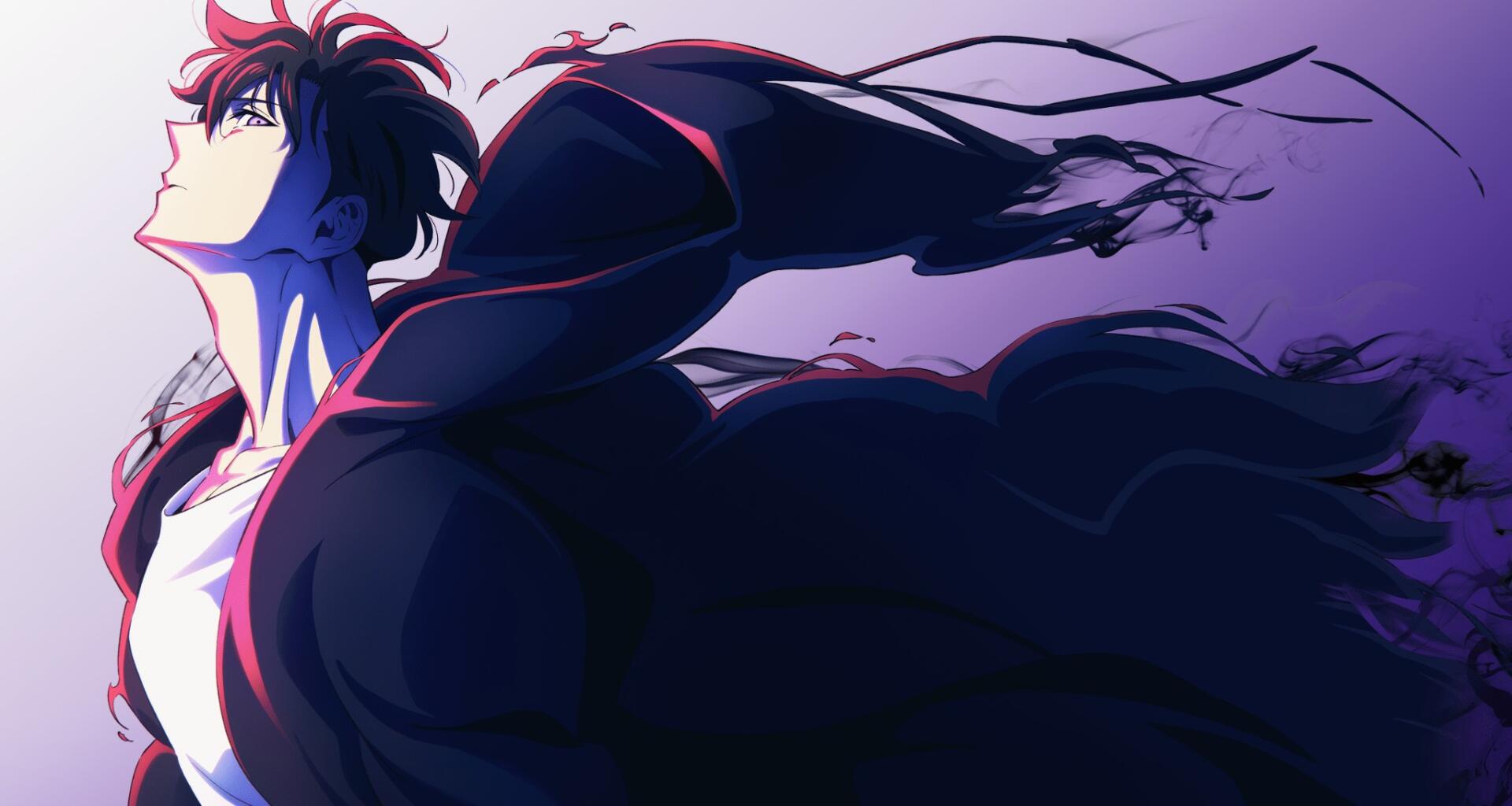 Anime HD PC desktop wallpaper of Solo Leveling's Sung Jin‑Woo: dramatic portrait of him gazing upward as a dark, shadowy cloak billows across a purple sky.