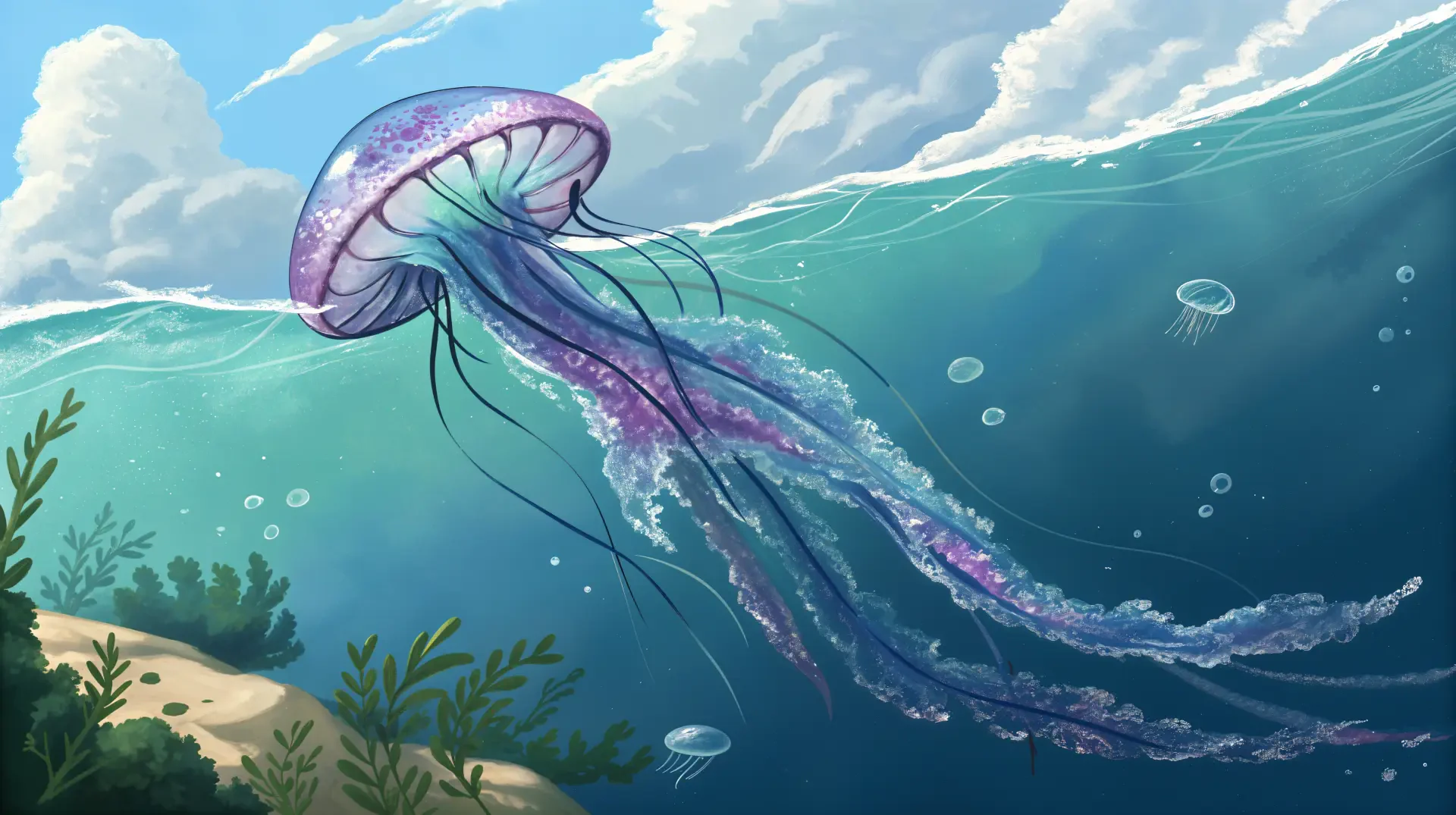 A vibrant jellyfish glides through crystal-clear water beneath a sunny sky, surrounded by gentle waves and aquatic plants, portrayed in stunning 4K Ultra HD quality.