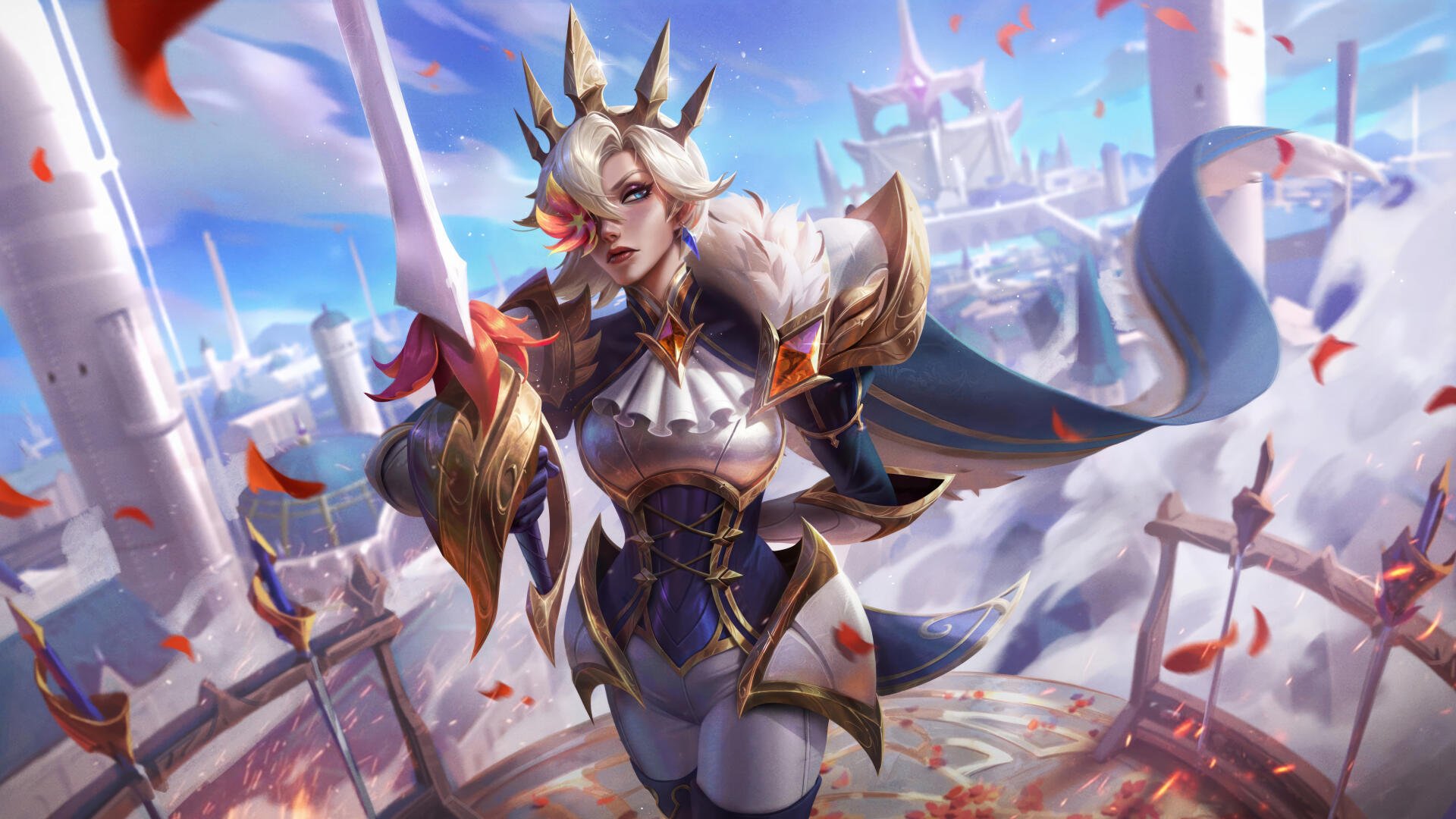 An 8K Ultra HD wallpaper featuring Fiora from League of Legends, showcasing her regal armor and confident stance amidst a vibrant backdrop of falling petals and a fantastical landscape.
