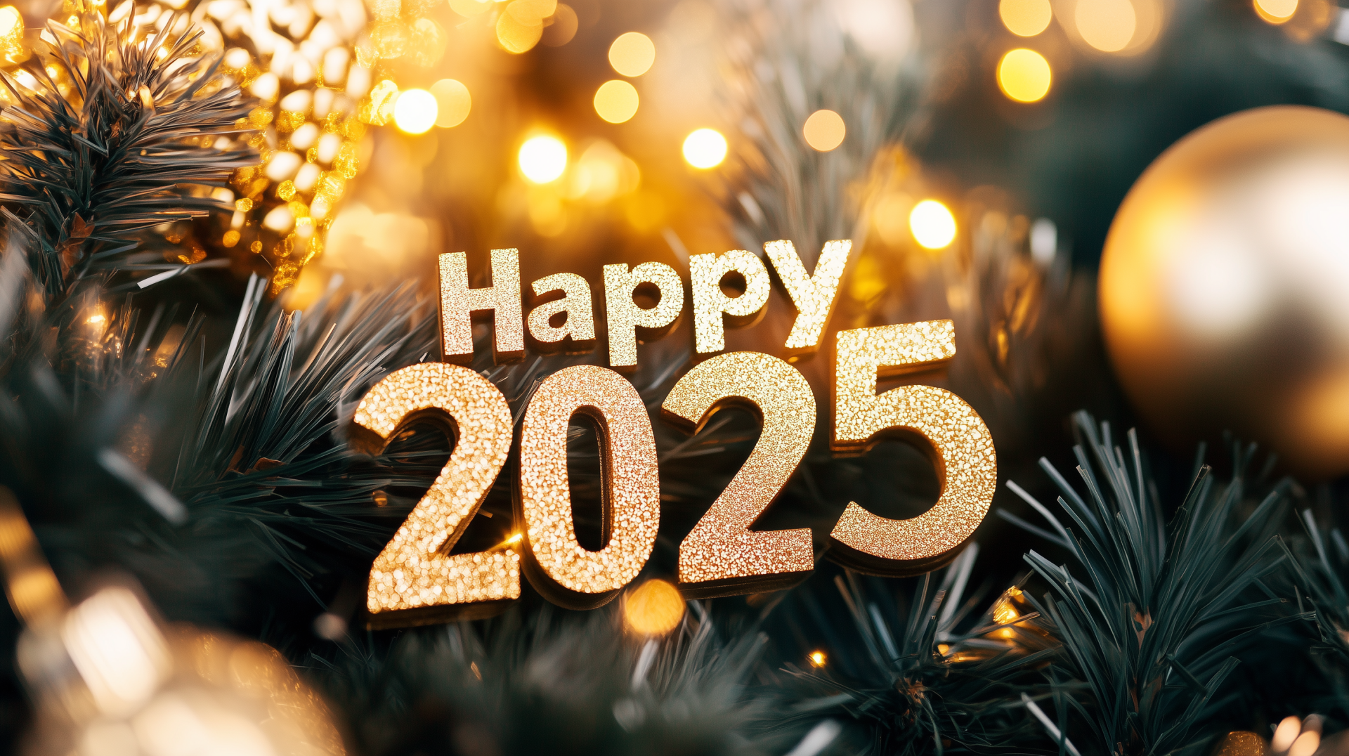 HD PC desktop wallpaper featuring golden Happy 2025 text surrounded by festive holiday decorations and warm glowing lights, celebrating the New Year 2025.