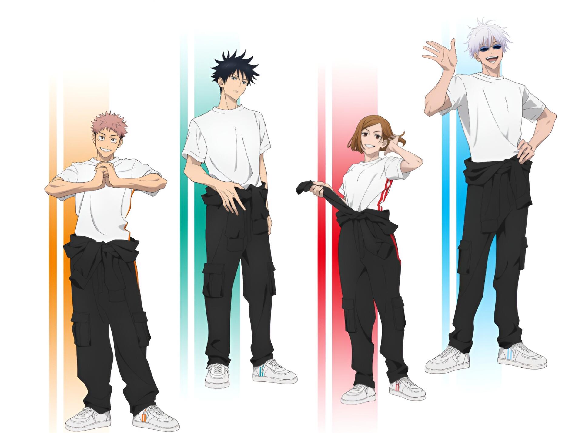 HD PC desktop wallpaper featuring four characters from the anime Jujutsu Kaisen, each standing confidently against vertical colored light panels.