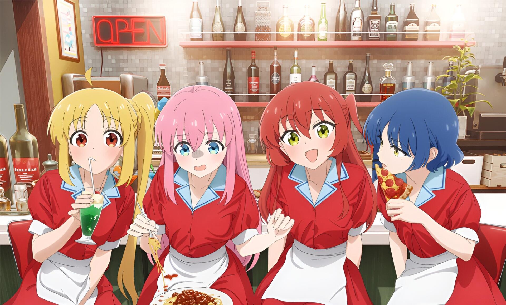 HD anime wallpaper from Bocchi the Rock! featuring four girls in red uniforms enjoying drinks and food together in a cozy bar setting.