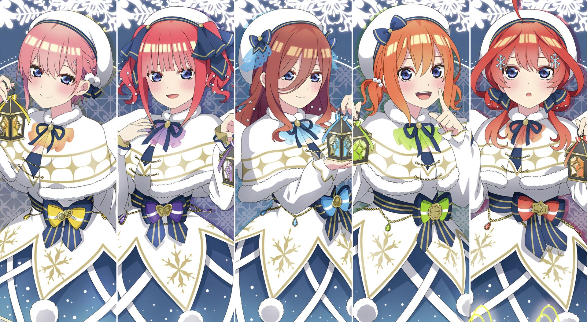 HD PC desktop wallpaper and background: The Quintessential Quintuplets anime — five Nakano sisters in winter white cloaks with blue bows and snowflake patterns, lined up and smiling.
