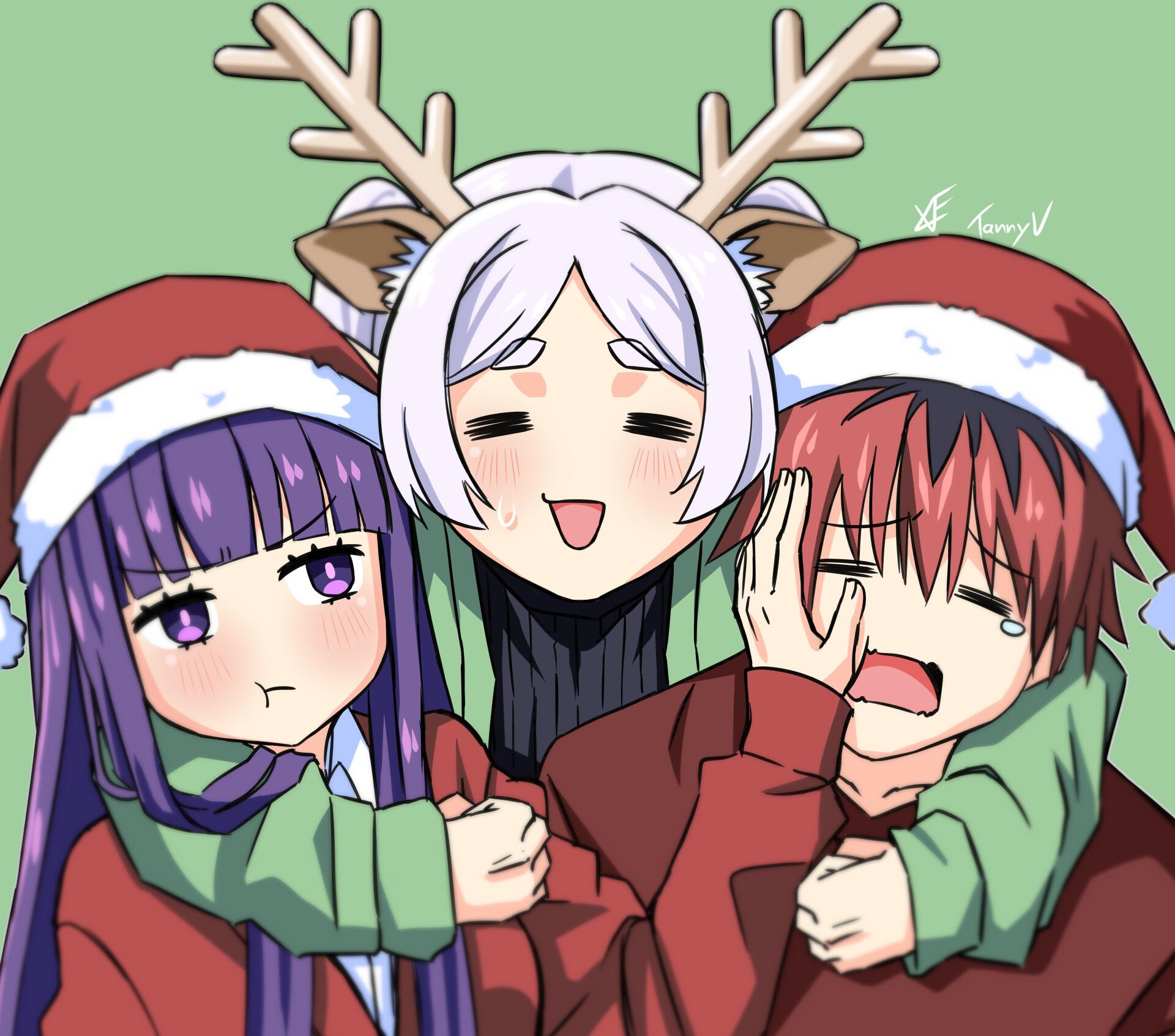 Anime-style 4K Ultra HD wallpaper featuring Fern, Frieren, and Stark from Frieren: Beyond Journey's End wearing Santa hats and antlers in a festive scene.