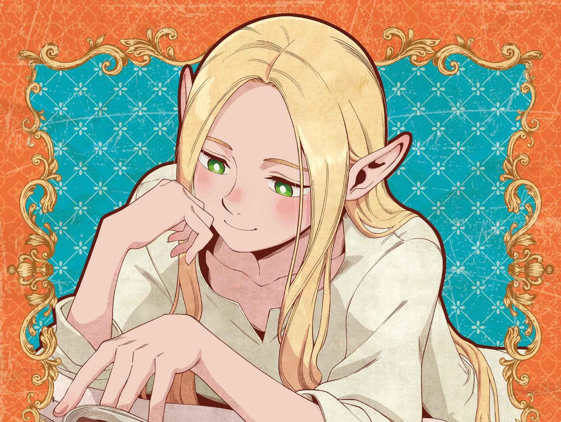 Anime-style HD desktop wallpaper featuring Marcille Donato from Delicious in Dungeon, showcasing her relaxed pose and expressive green eyes against an ornate background.