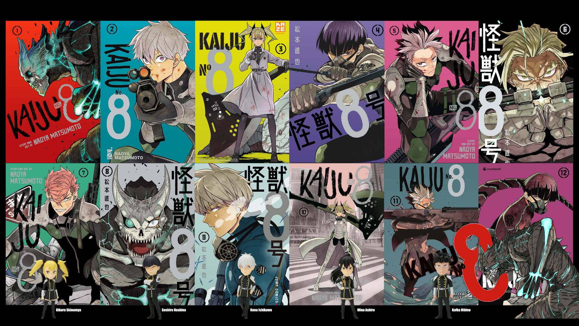 A vibrant 4K Ultra HD PC desktop wallpaper featuring multiple dynamic characters and scenes from the manga Kaiju No. 8, showcasing intense action and detailed artwork.