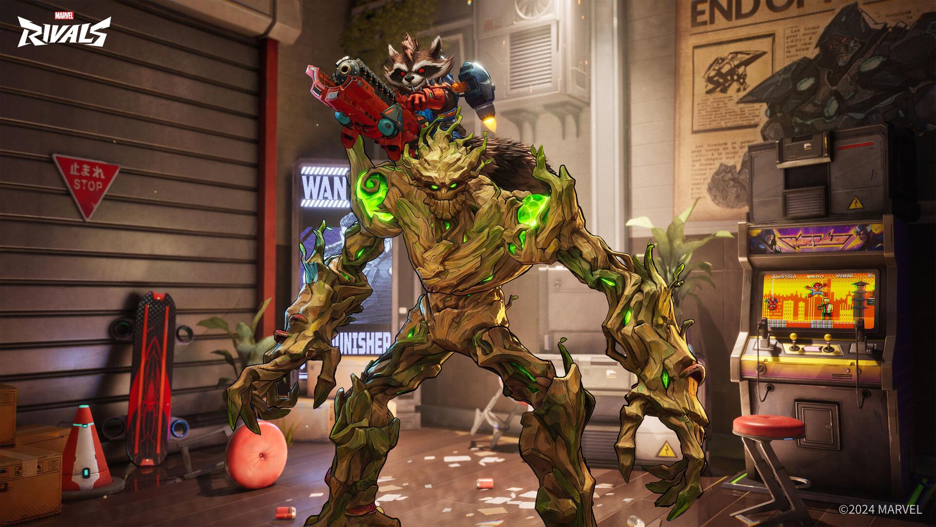 Colorful 4K Ultra HD wallpaper featuring characters from Marvel Rivals, showcasing a dynamic scene with a tree-like figure and a smaller character in a vibrant arcade setting.