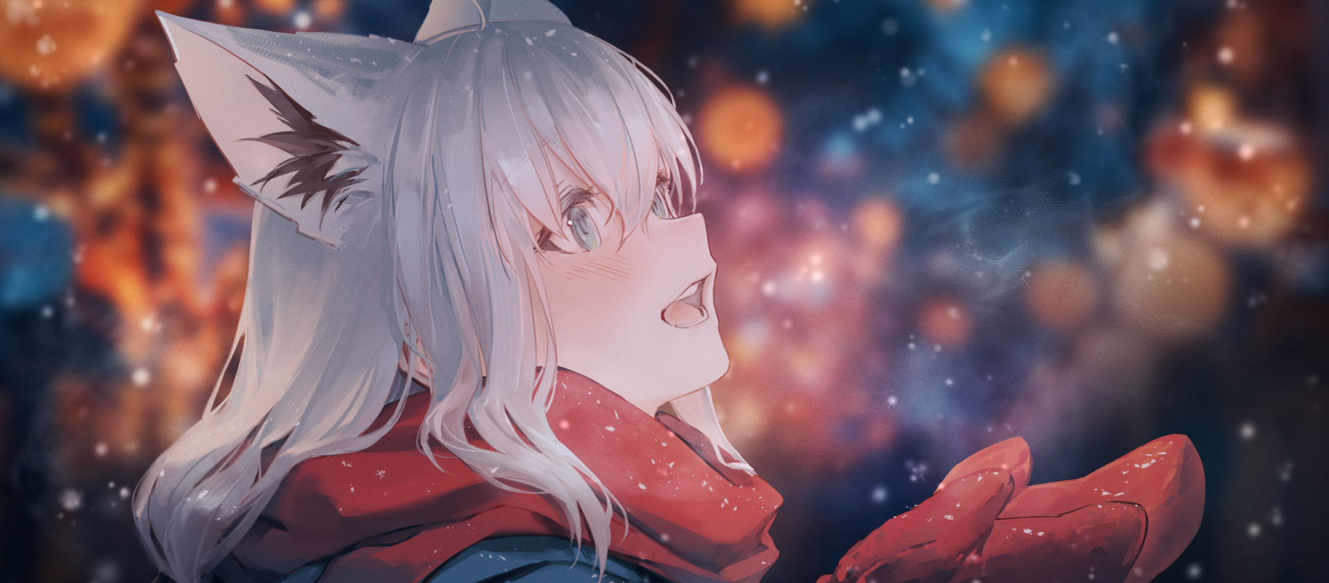 HD anime-style desktop wallpaper featuring Shirakami Fubuki, a Virtual YouTuber from Hololive, with white hair and fox ears against a colorful, glowing background.