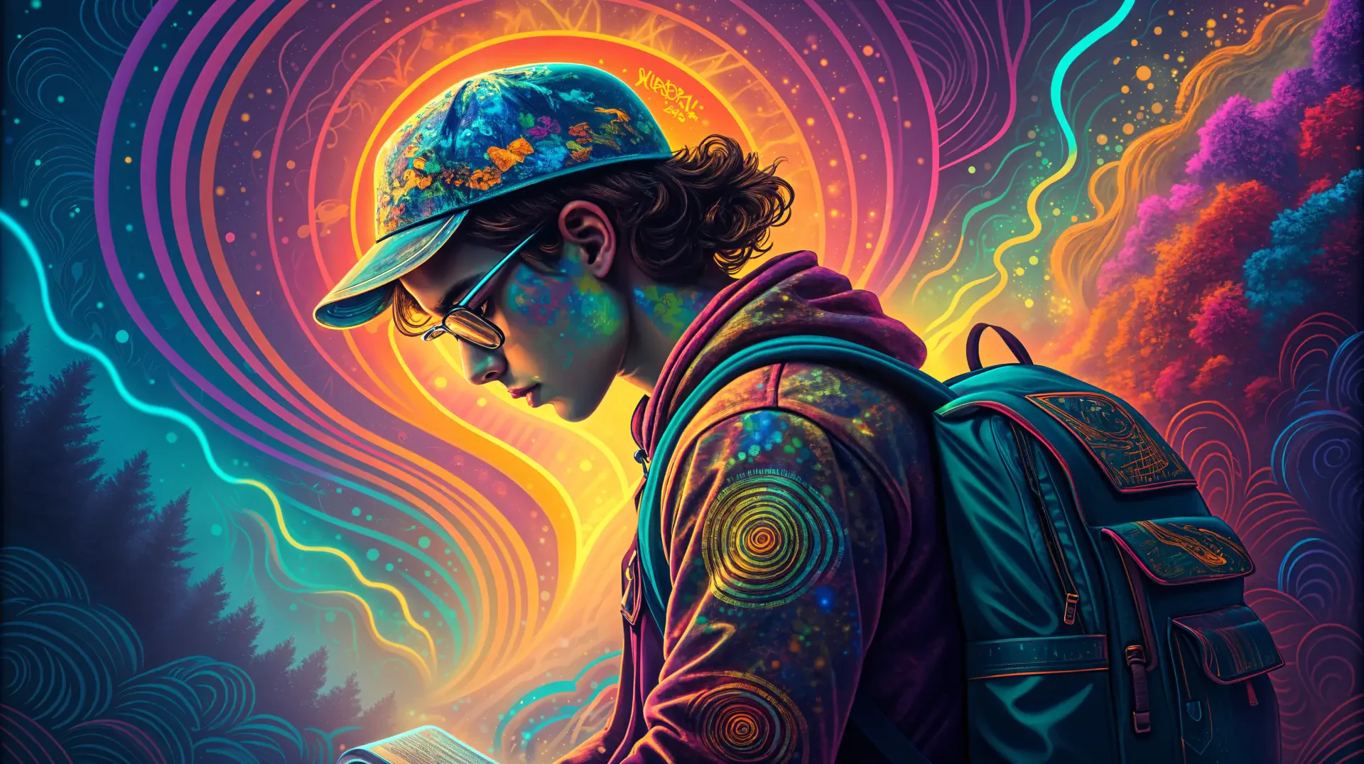 A vibrant 4K Ultra HD desktop wallpaper featuring a student in a colorful cap, immersed in thought against a backdrop of swirling patterns and glowing colors.